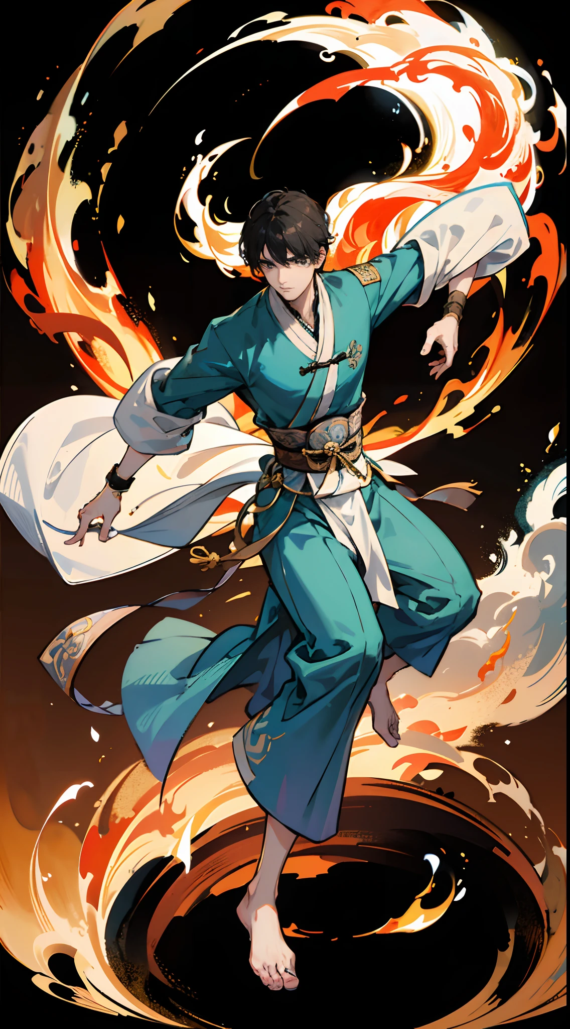 hoang lap,intricately details,tmasterpiece,best qualtiy,A high resolution,8k),1 male,sbeard,Full body photo,Ancient Taoist priests ,swordsman ,Taoist chief, Xiu Zhen ,Feet on golden light,Tall guy,with short black hair,Martial artist,There were a lot of onlookers around,Wristbands,Rotating floating particles,Mysterious Chinese martial arts style,In the daytime,depth of fields --auto