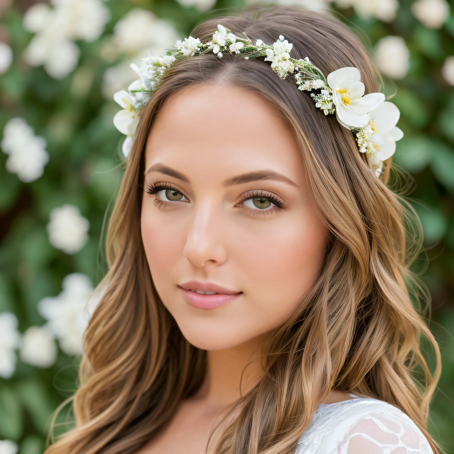 (1girl), photo of european bride aubrey star, gorgeous face, coy expression, detailed realistic skin, wearing white dress and flower crown, flowing hair, photorealistic, hyperrealism, ultra detailed, starship, high resolution, masterpiece, best quality, detailed background