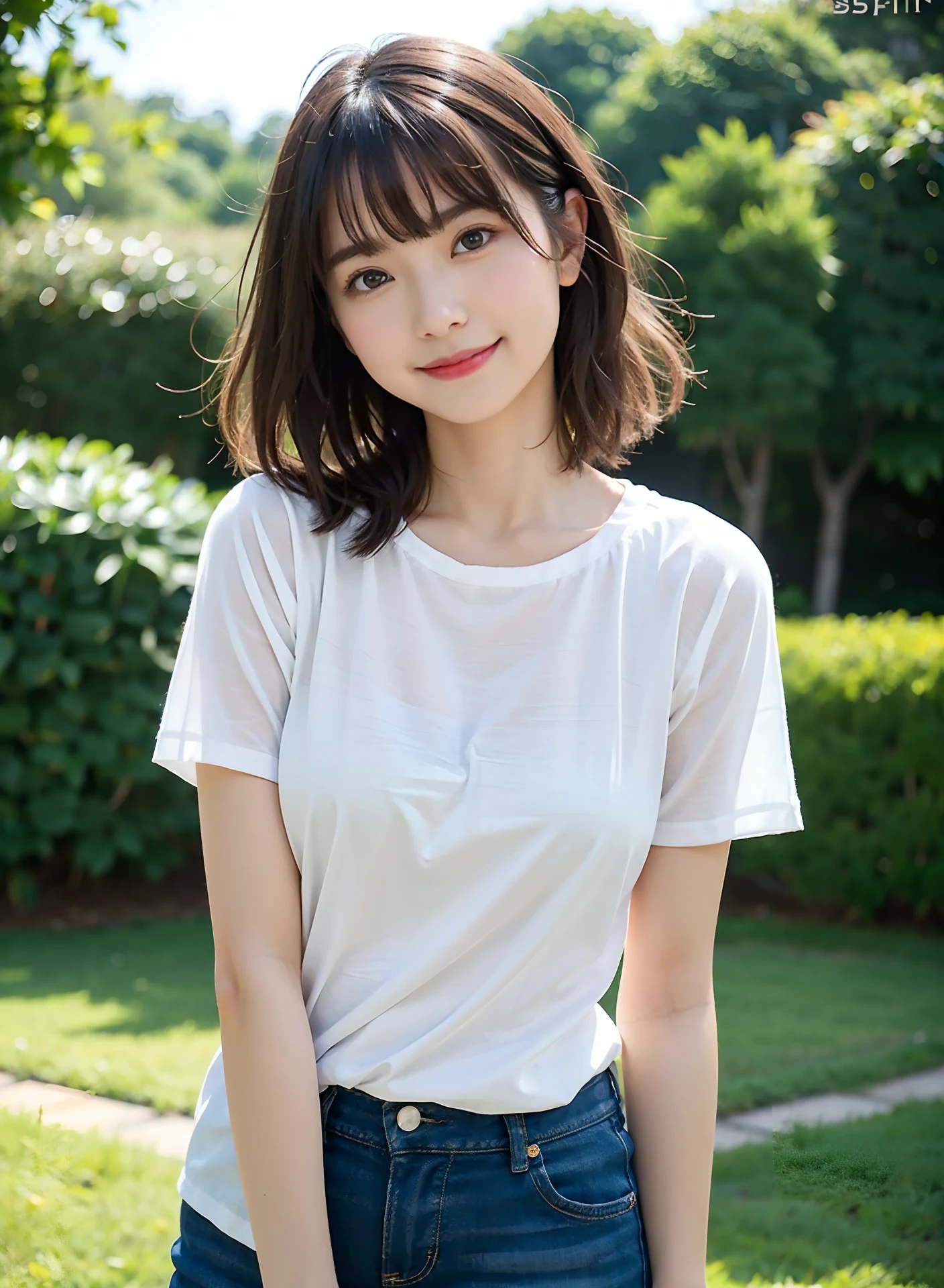 top-quality、full body Esbian、8K、autofocus、facefocus、softlight、(depth of fields)、超A high resolution、(Photorealsitic:1.4)、Raw photography、T-shirt
1 girl, 独奏, kawaii, full of shyness, (A smile:1.2), (Brown-eyed,catchlight),huge breasts1.8、 Detailed beautiful skin, (Dark_hair, Short_hair), (Linen shirt)