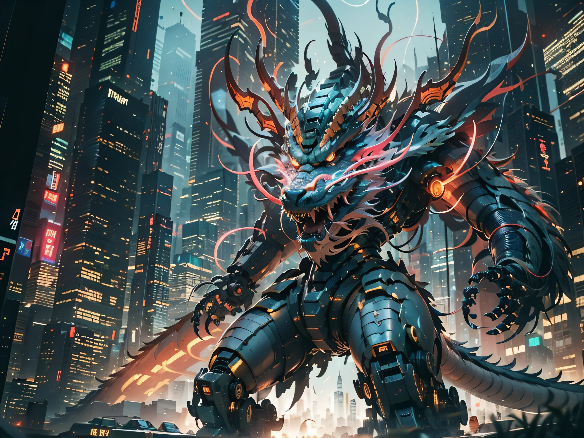 A mecha dragon，Mecha Chinese dragon，A technology background that is ahead of the future，Domineering，multiple lighting sources，Complex structures，Cyber city background，Buildings，the night，with light glowing，（（tmasterpiece，best qualtiy）），illustration，Ultra-detailed 8K，Clear focus，A highly detailed，Professional lighting，Colorful detailed，