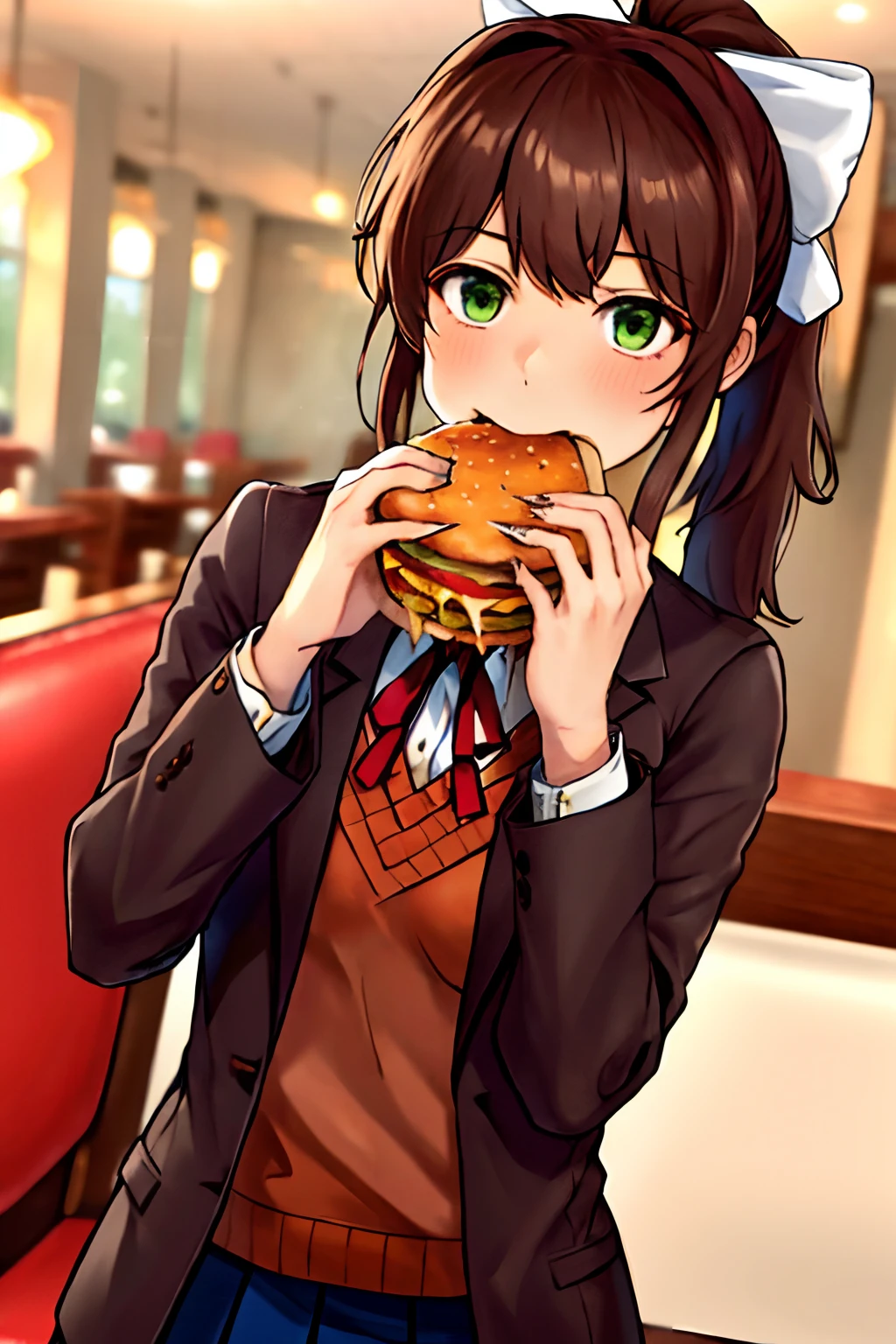 masterpiece, best quality, highres, chi1, 1girl, monika, green eyes, brown hair, very long hair, ponytail, hair ribbon, white ribbon, one side up, solo, school uniform, blazer, brown sweater, collared shirt, neck ribbon,  eating a hamburger, nom hamburger, ((dirty face)), half bitten, restaurant, cheese, two hand