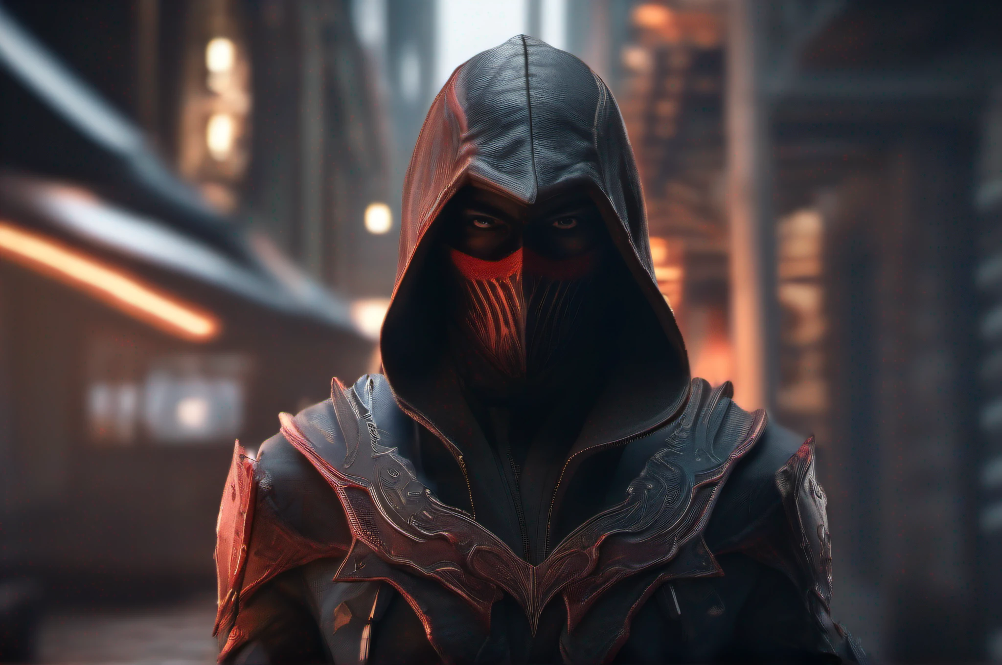 Cinematic, free space above head, Stunning full body imagery of Assassin inspired Dare-Devil (assassin hood on his head ), 16K resolution, looking in the camera, Unreal engine-5 rendering quality, octane render, UHD, HDR, highly detailed artwork, 3D render, DSLR picture quality,