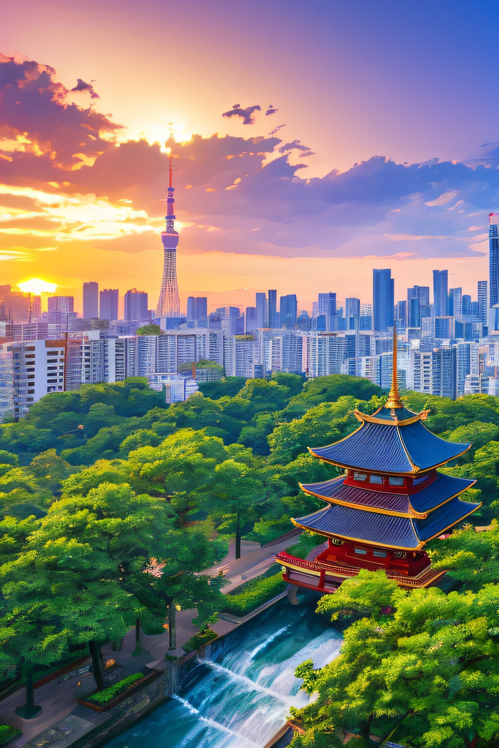 arch, architecture, blue sky, bridge, building, bush, castle, city, city lights, cityscape, cloud, cloudy sky, day, east asian architecture, fantasy, fountain, gate, grass, house, mountain, no humans, outdoors, overgrown, pagoda, palm tree, plant, potted plant, river, scenery, sky, skyline, skyscraper, sunset, tokyo \(city\), tower, tree, water, waterfall --auto