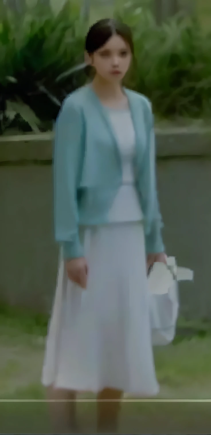 There was a woman in a white dress and a blue jacket, nico wearing a white dress, in a long white dress, movie screencap, movie screen shot, wearing a white folkdrakt dress, very grainy image, in this ominous scene, white and teal garment, screenshots from movies, screenshots from movies, pale blue outfit, distant full body shot