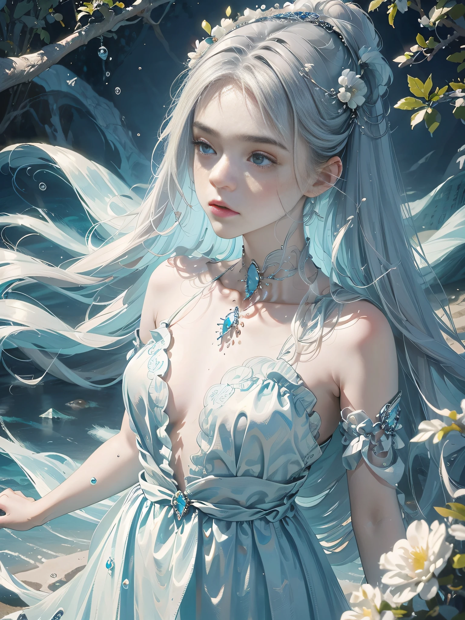 A cute and beautiful girl,Big eyes of the water spirit,lovely and delicate,Peerless beauty,Delicate hair accessories,pitying,(messy hair),lacy clothing,Supple skin,Fashionab,A delicate painting,Clover hairpins,Blue,Ultra-high image quality,8K,depth of fields,(Macro lens),Ambient lighting,high light,Upper body animation style,Comics,High quality above the waist