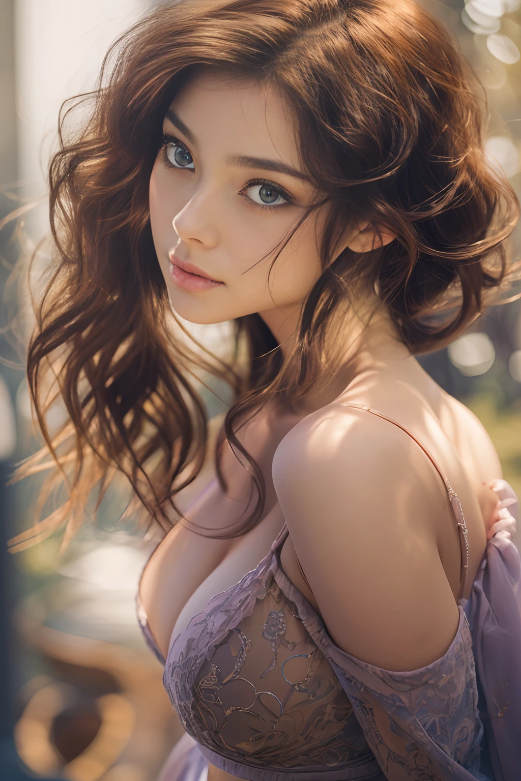 filmg, film portrait photography, 1girll, exposed bare shoulders, Wavy shoulder-length hair, peacful, peacful, (Realistic detailed eyes, Natural skin texture, Realistic facial details), Soft dramatic lighting, depth of fields, Bokeh, vibrant detail, finedetail, hyper realisitc, 35mm film, Hazy and blurry,Bigchest,Thin waist and thick hips,thick thight,voluptuous figure,
