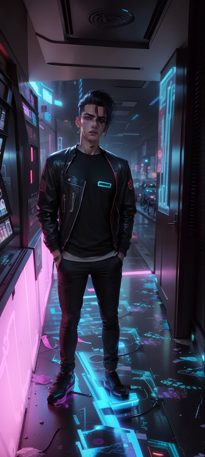 Change background cyberpunk handsome boy, realistic face, 8k, ultra realistic