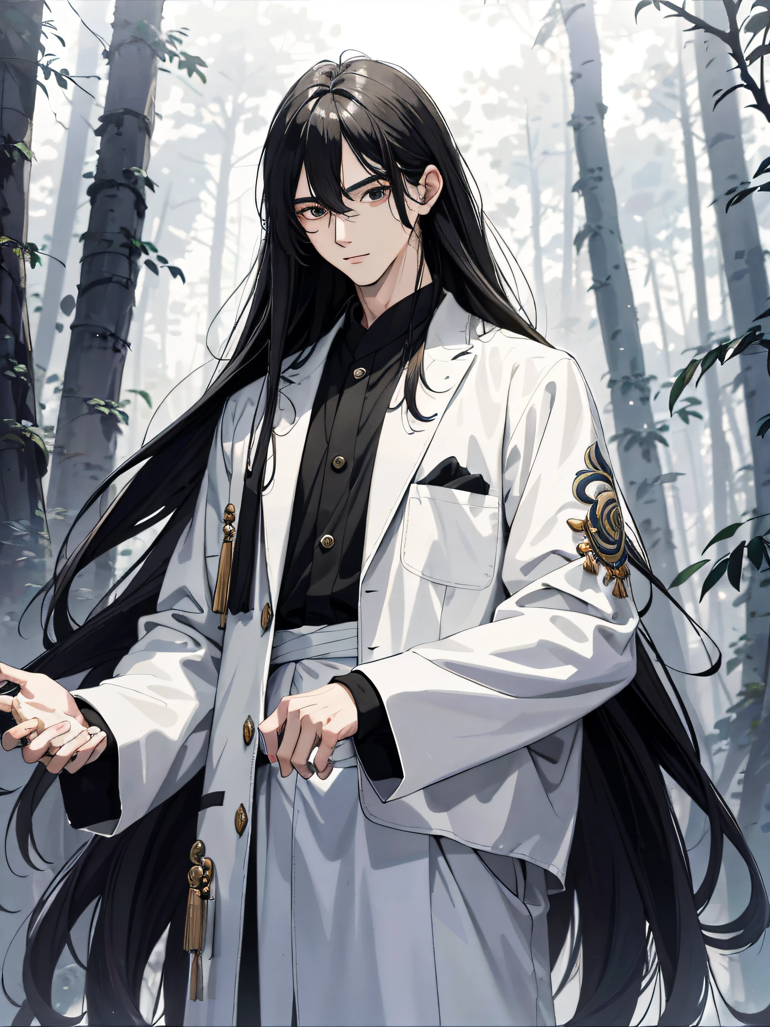 Absurd, High definition, Super detailed, Texture details, clear presentation, HD details, detail performance, Fine details, Clear face, Fix accurately, （（cabelos preto e longos））、long whitr hair、18-year-old man, Handsome, Tall,Soft smile、Slightly muscular,（Clear eyeballs）, (1 person: 1.3), handpainted, Simple lines, （An 18-year-old man wearing a white Chinese suit）, foggy forest、The upper part of the body