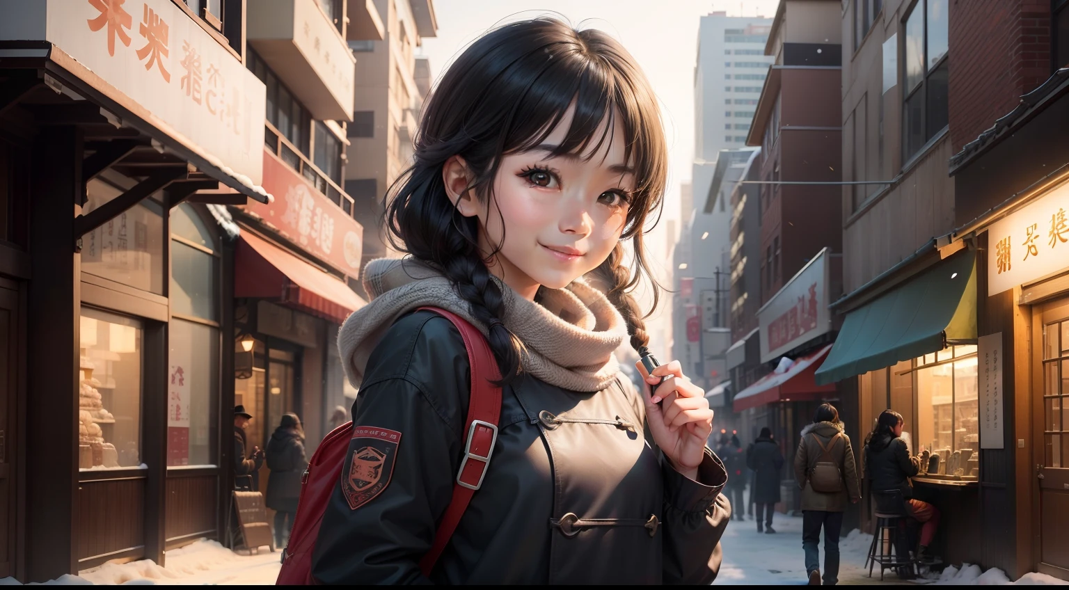 (morning), 1girl, 独奏, 看着观众, winter, cowboy shot, (downtown), cowboy shot, smile, black hair