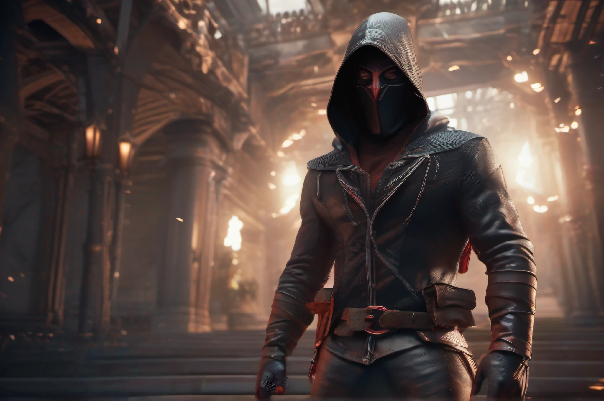 Cinematic, free space above head, Stunning full body imagery of Assassin inspired Dare-Devil (assassin hood on his head ), 16K resolution, looking in the camera, Unreal engine-5 rendering quality, octane render, UHD, HDR, highly detailed artwork, 3D render, DSLR picture quality,