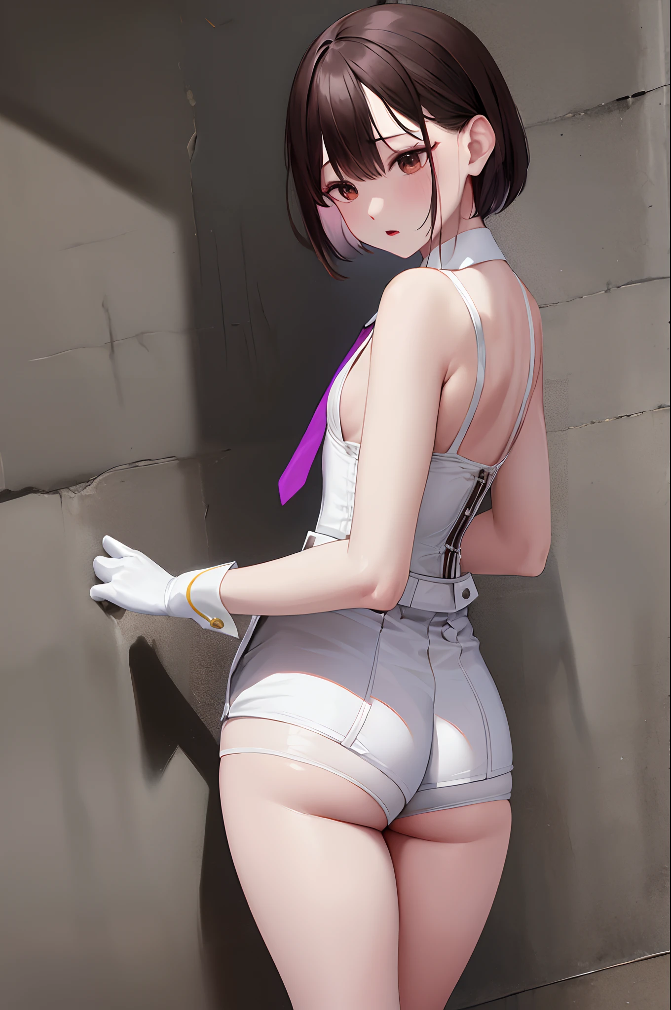 masterpiece, top-quality, Hi-Res, Silence, 独奏, white glove, neck tie, White shorts, Short tie, corsets, Purple tie, ligh brown hair, shortpants, Sleeveless, bangss, from the rear, s ass, is standing, a street, plein air, Surprised,