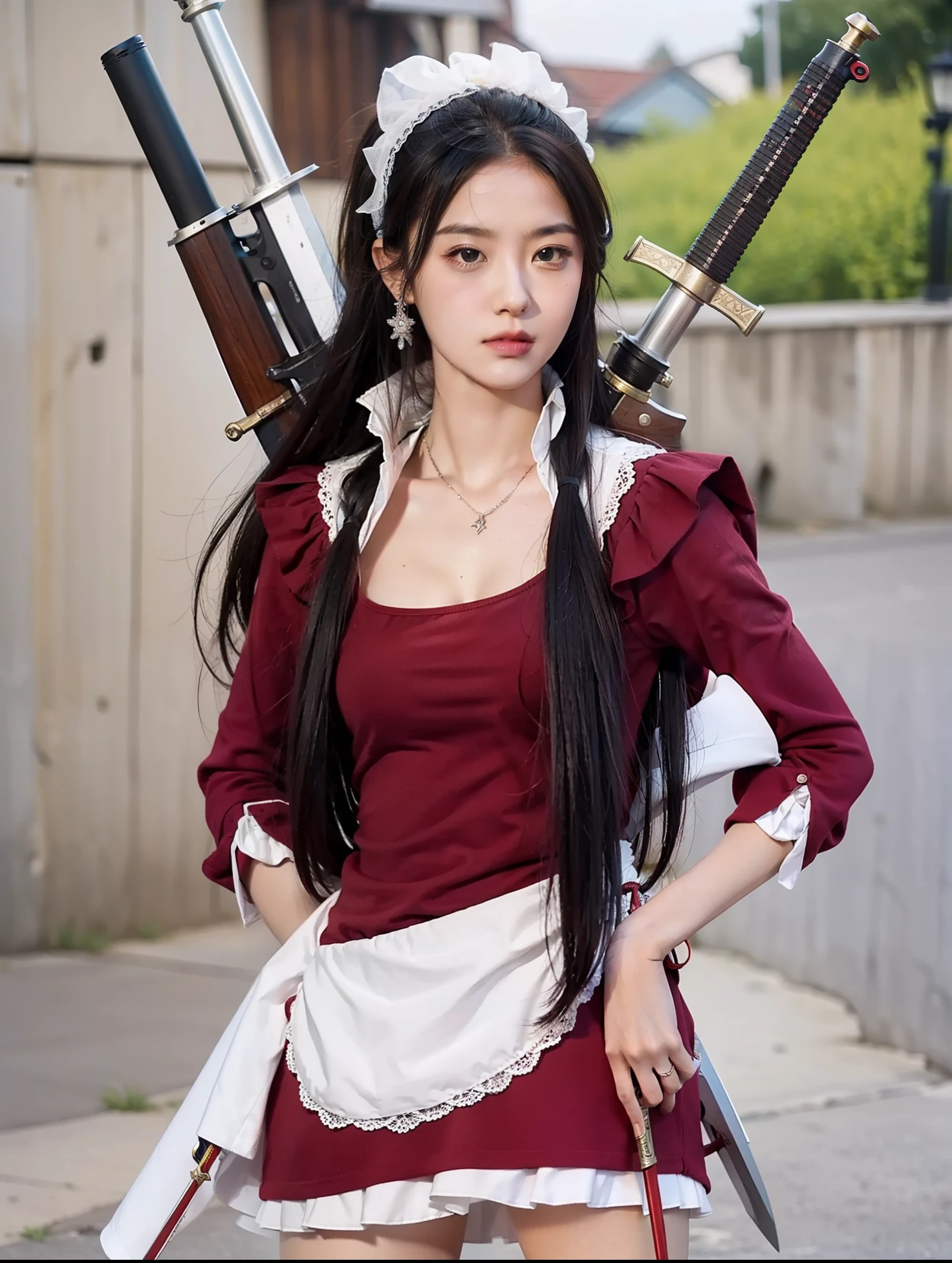 beatiful girl,have a gun and sword in her back