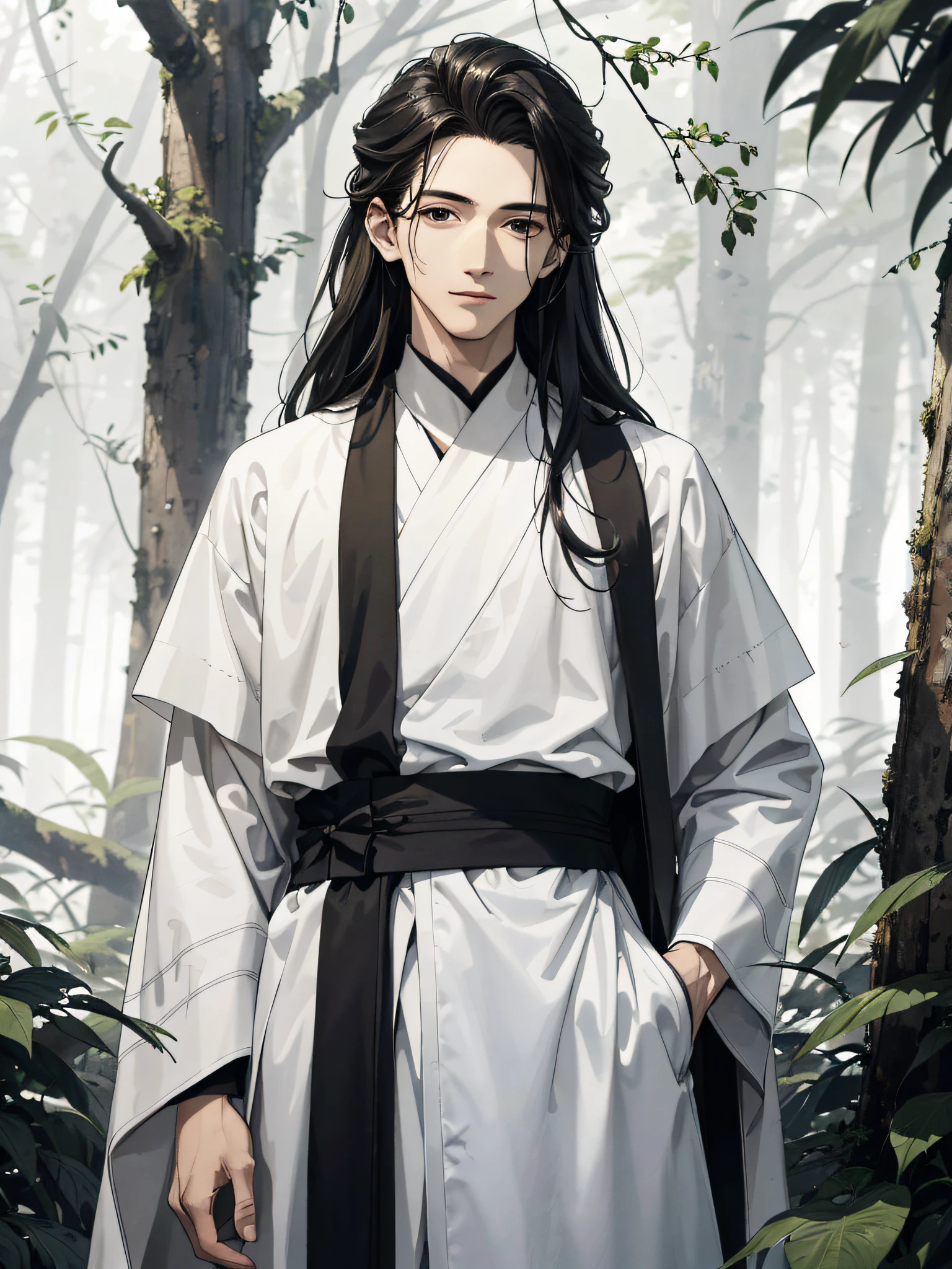 Absurd, High definition, Super detailed, Texture details, clear presentation, HD details, detail performance, Fine details, Clear face, Fix accurately, ((cabelos preto e longos))、long whitr hair、18-year-old man, Handsome, Tall,Soft smile、Slightly muscular,(Clear eyeballs), (1 person: 1.3), handpainted, Simple lines, (An 18-year-old man wearing a white Chinese suit), foggy forest、The upper part of the body