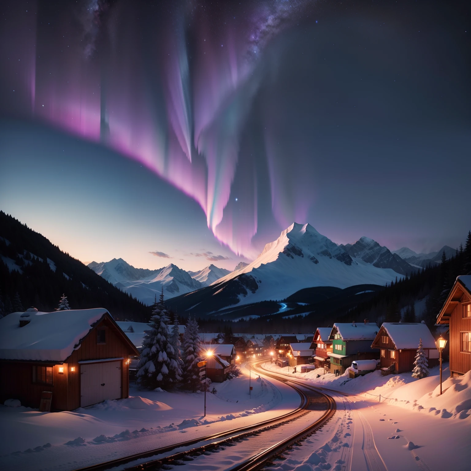 Purple aurora above the white snow mountains, cars, trains, people, houses, villages, sheds, snow mountains, rivers, snowstorms, fireworks in the world, starry sky, colorful stars flashing, Unreal engine,
4K HD 8K--ar 9:16 --9 5