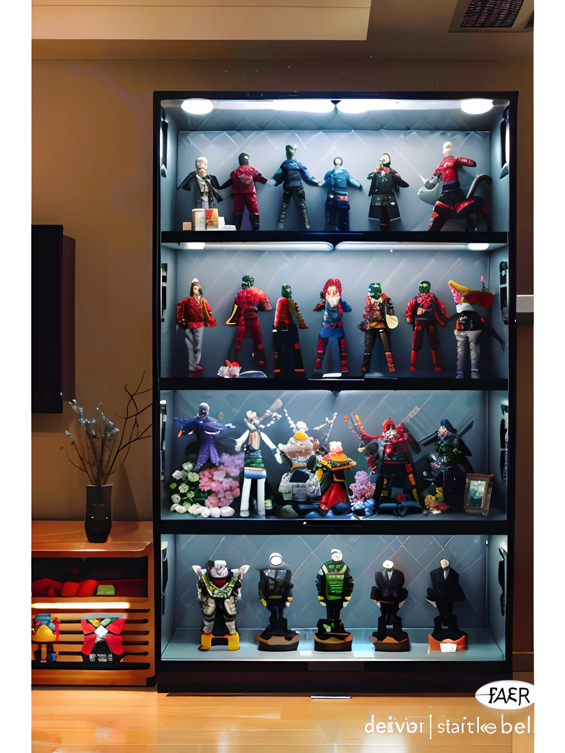 Many different action figures are displayed in the display case, Display case,  as an action figure, Action figures, Hot toys, toys figures, Car model，actionfigure, Hot toys, Showcase, Home display, Product display, shelves full, Collectible car models, Pubic Area Showing, Doll toys, Featured collections,. Dramatic lighting，There is a pot of flowers on the left side of the cabinet，Green on the vase，There was nothing in the cabinet under the flowers