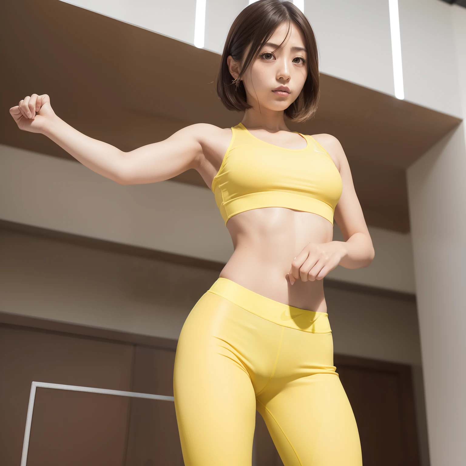 (Solo), (a detailed full-body RAW photo of a girl), (masutepiece:1.0), (Best Quality:1.4), (超A high resolution:1.2), (Photorealistic:1.4), 8K resolution, Canon EOS R5, 50 millimeters, absurderes, ultra-detailliert, (40yo), back focus, Cinematic lighting, Detailed beautiful face, (no-makeup:1.2), (ulzzang -6500-v1.1), petite figure, Detailed skin texture, (flat chest:1.4), (skinny and fit body:1.6), Detailed brown hair,  sweltering,(Very short hair:1.5), See Through wear, (shine yellow Nike Wet Thin Competition Athletic Wear and spandex sports tights:1.5), More transparent, low rise, realistic glistening skin, Detailed texture, (erect nipples:1.5), stylish pose, (satomi ishihara:1.2), Cameltoe, well-developed abs,