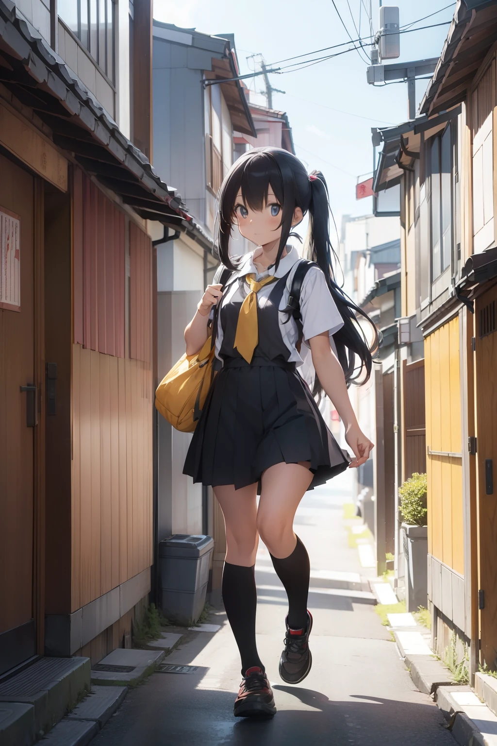 long-haired girl, dressed as a schoolgirl, walking on a street in Japan, with her yellow cat that is on a wall of a house