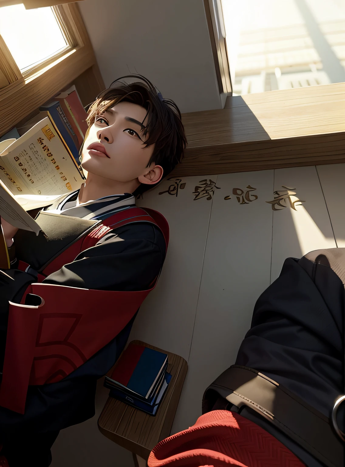 There was a man reading a book in the room, trying to study, Student, trying to read, xintong chen, In a classroom, Sitting in the classroom, Middle metaverse, Ruan Jia and Fenghua Zhong, inspired by Zhang Zongcang, inspired by Cao Buxing, research, Li Zixin