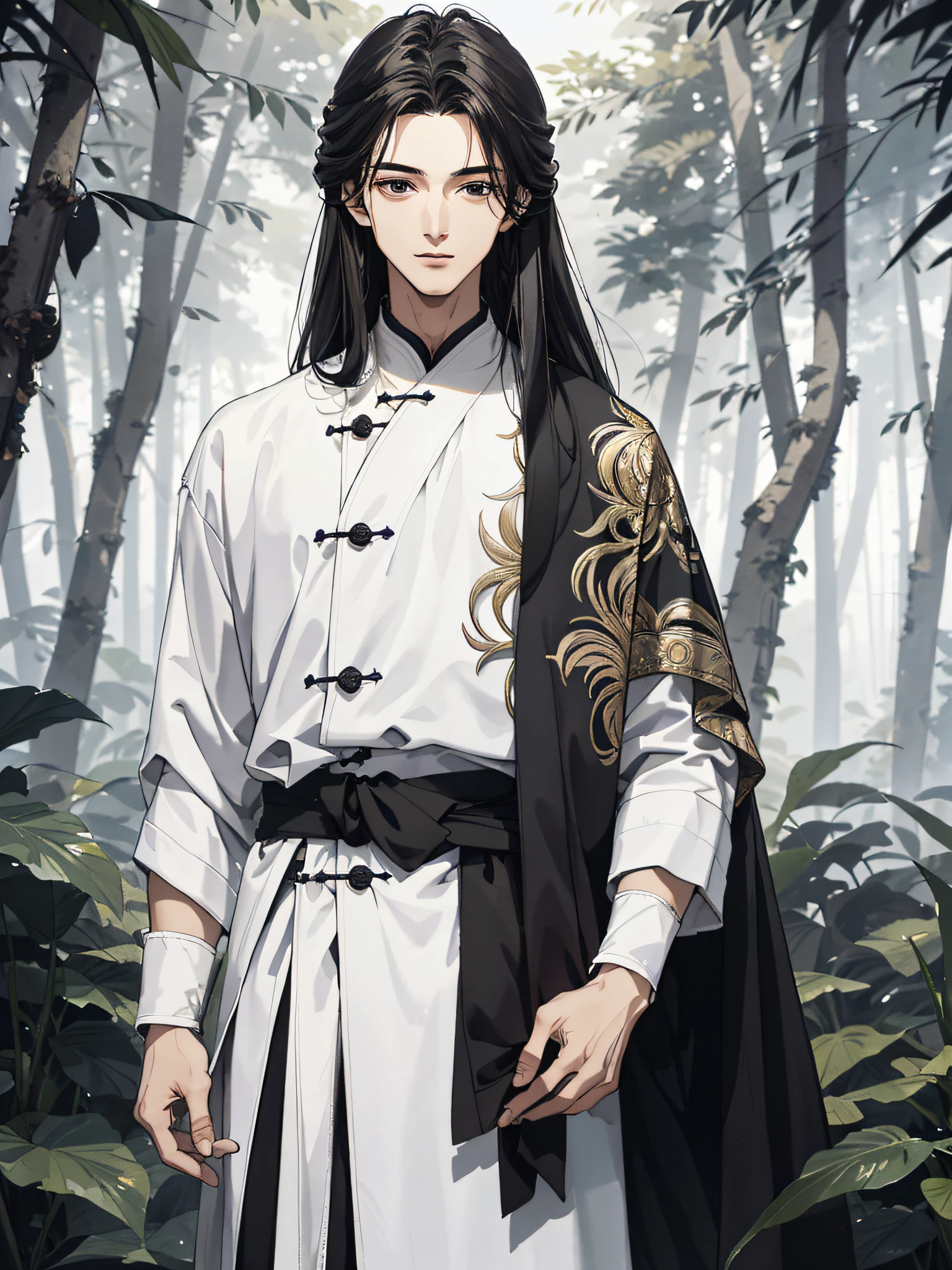 Absurd, High definition, Super detailed, Texture details, clear presentation, HD details, detail performance, Fine details, Clear face, Fix accurately, ((cabelos preto e longos))、long whitr hair、18-year-old man, Handsome, Tall,Soft smile、Slightly muscular,(Clear eyeballs), (1 person: 1.3), handpainted, Simple lines, (An 18-year-old man wearing a white Chinese suit), foggy forest、The upper part of the body
