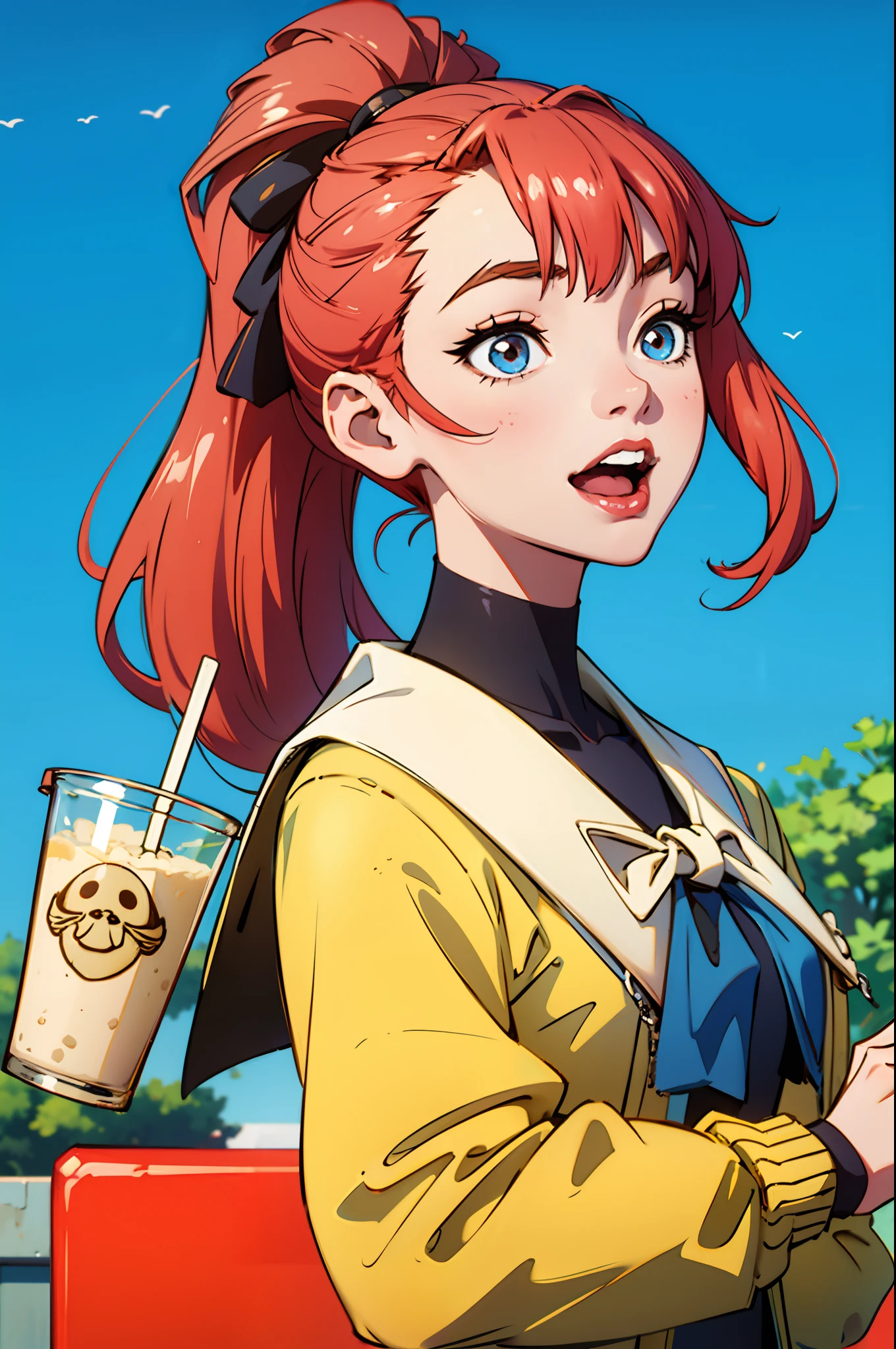 schoolgirls,Light blue high ponytail,student school uniform,Bigchest,Tall,adolable,Campus background,Handheld milk tea,Tilt your head and laugh
