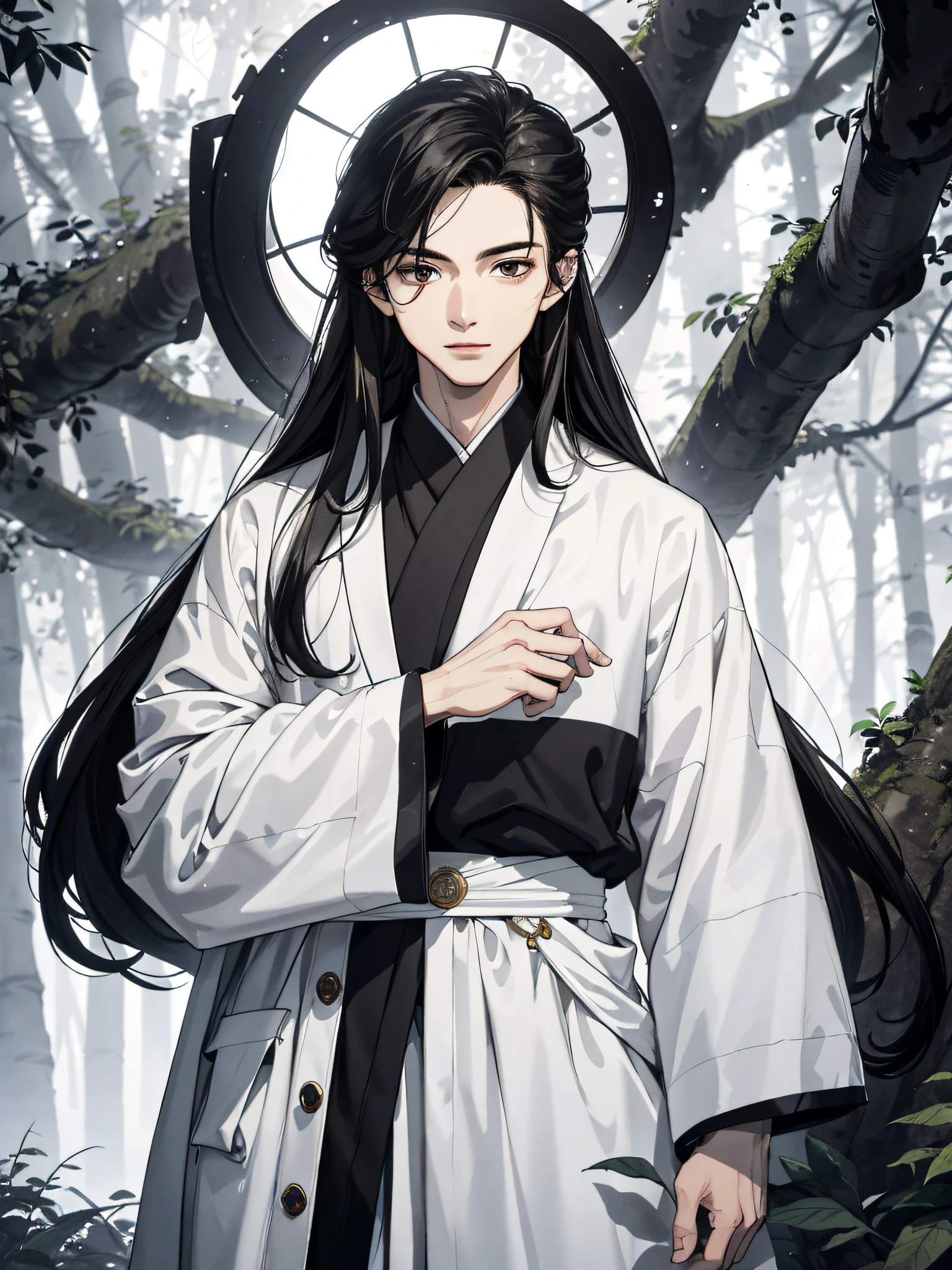 Absurd, High definition, Super detailed, Texture details, clear presentation, HD details, detail performance, Fine details, Clear face, Fix accurately, ((cabelos preto e longos))、long whitr hair、18-year-old man, Handsome, Tall,Soft smile、Slightly muscular,(Clear eyeballs), (1 person: 1.3), handpainted, Simple lines, (An 18-year-old man wearing a white Chinese suit), foggy forest、The upper part of the body