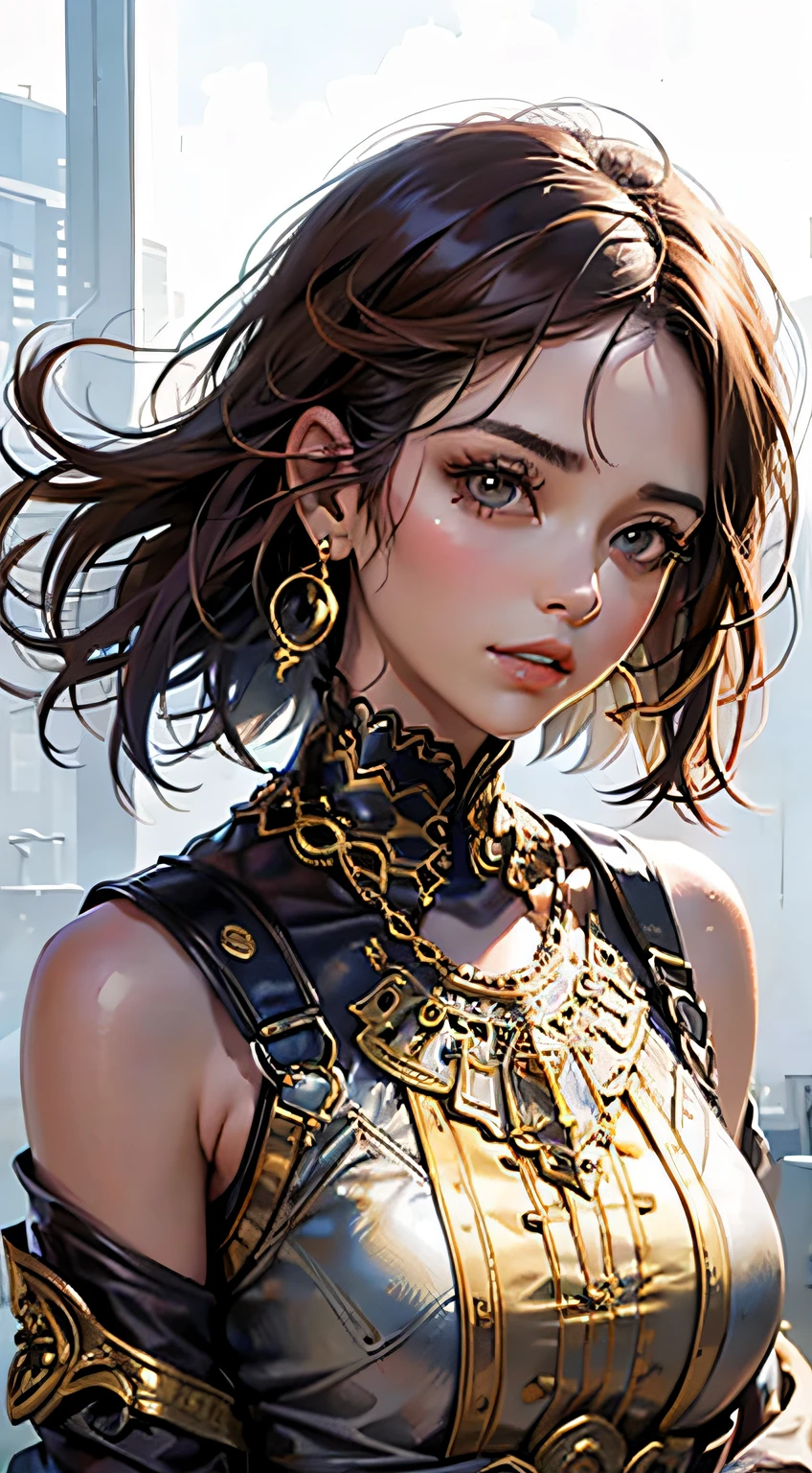 1 girl, bare shoulders, brown eyes, dress, earrings, gold, jewelry, lace, lips, parted lips, solo, upper body --auto