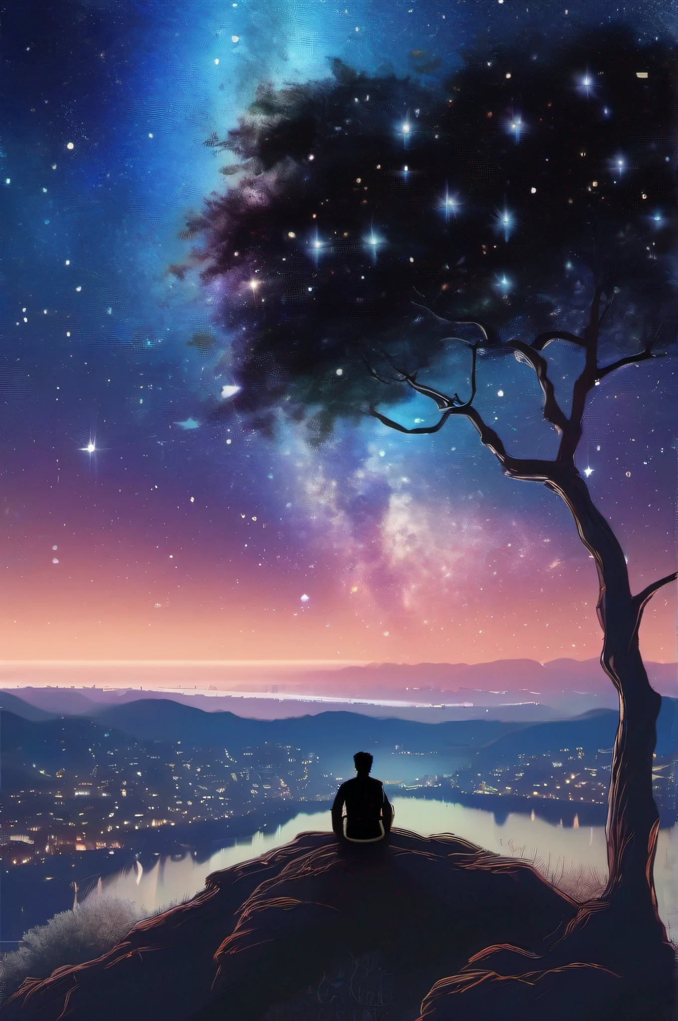 scene featuring a solitary men sitting under a tree, amidst a magnificent starry sky filled with clouds, overlooking a cityscape and the captivating silhouette of a city. The sky is adorned with the mesmerizing Octans constellation and the enchanting Milky Way