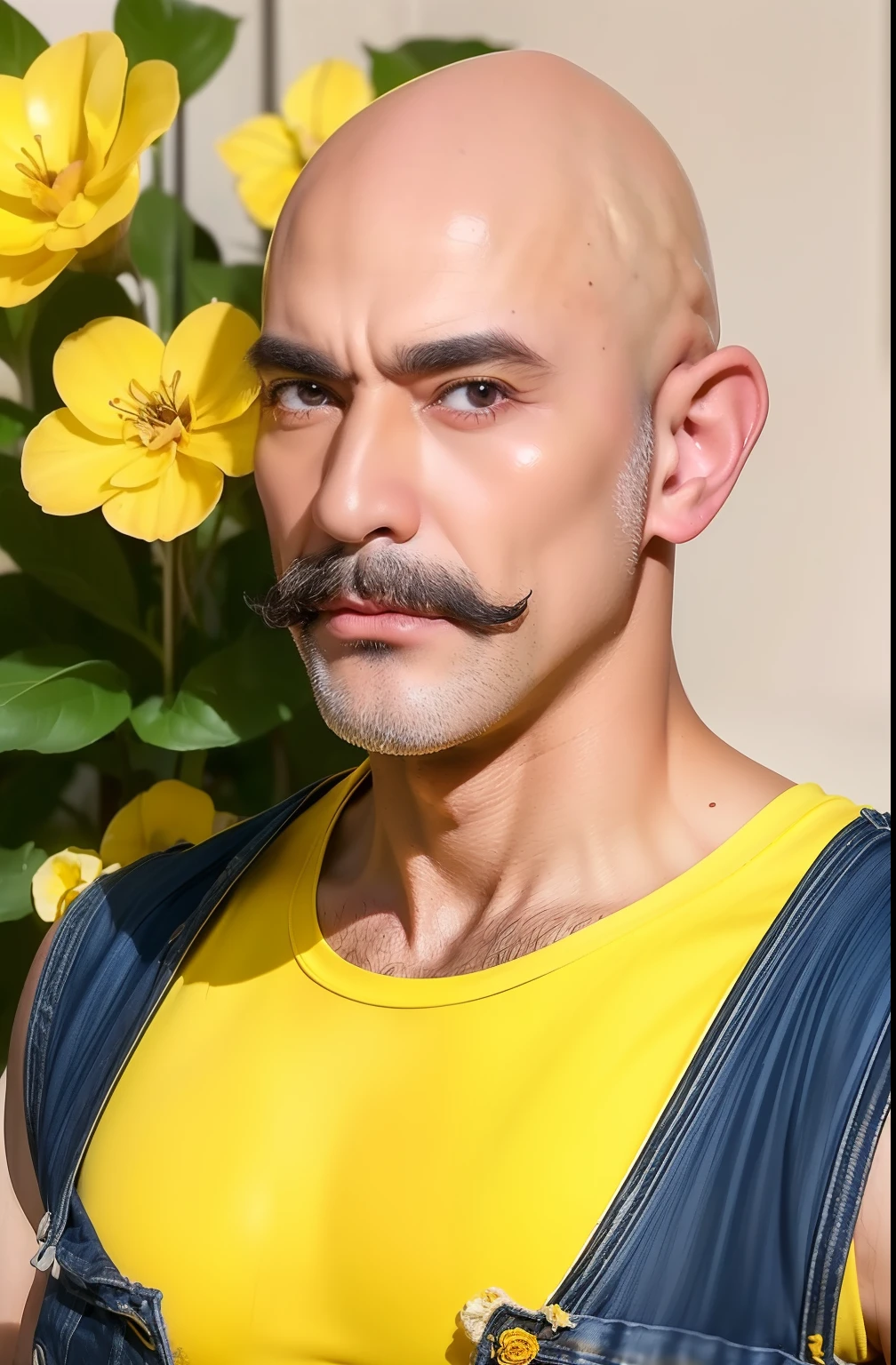 (Very handsome hairless uncle:1.3)、(Glossy headskin:1.3)、Hairy pubis、Hairy legs、strong mustache、Good looking middle aged bald bodybuilder in yellow tank top and jeans、Cool statue、(Yellow flower mess on background:1.3)、Spectacular realistic photos、Back lighting:1.3、More on rich skin:1.3、