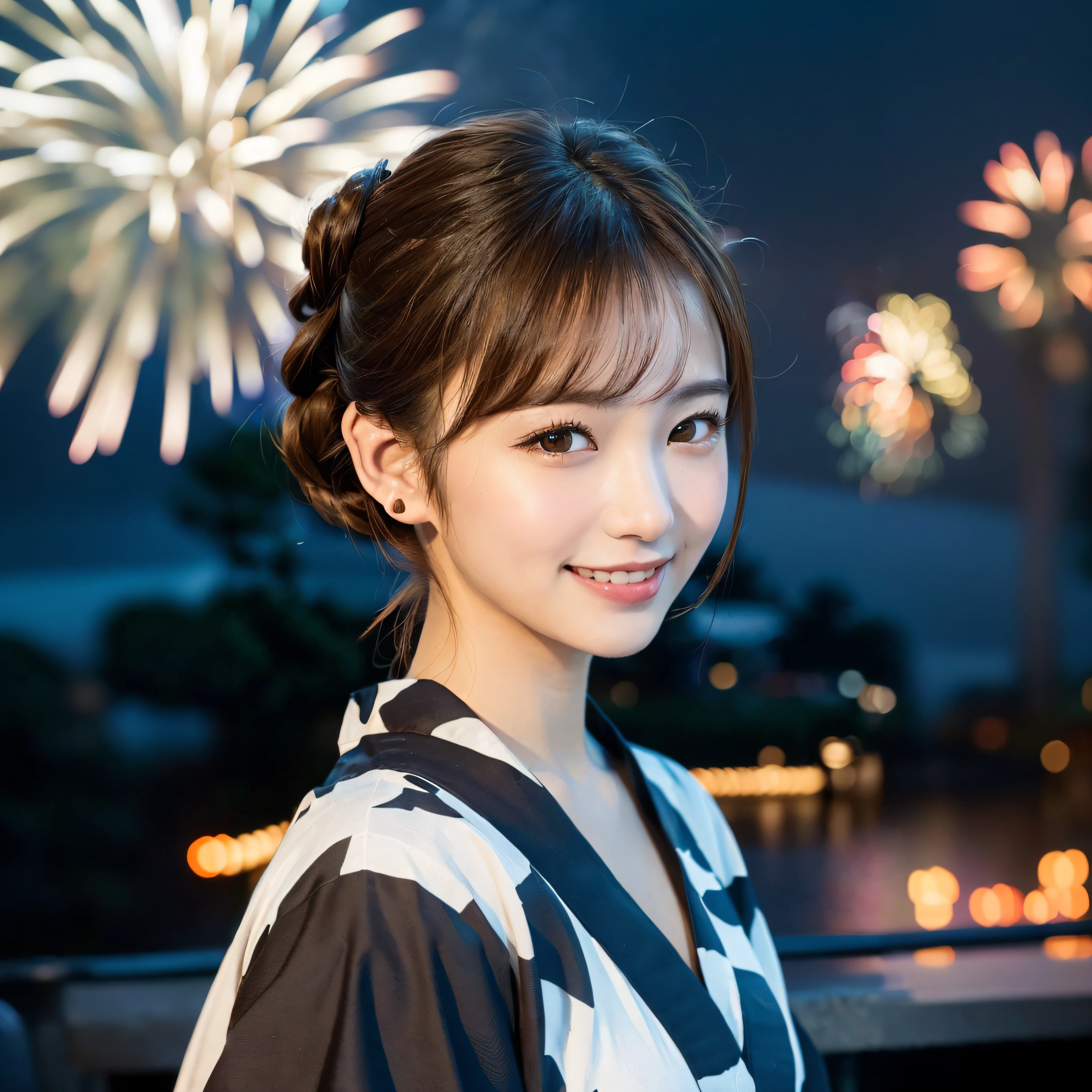 Asian woman in kimono costume standing in front of fireworks, 奈良美智, chiho, the face of a beautiful Japanese girl, Larisa Manobal, girl cute-fine-face, cute - fine - face, twintails hairstyle, dilraba dilmurat, by Torii Kiyomoto