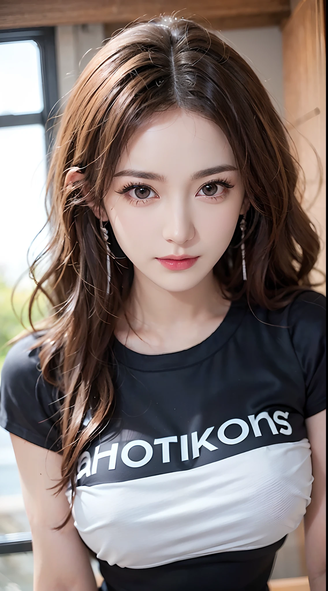 (1girl in)、Colossal tits、breastsout、sun burn、Expose muscles、Sweat muscles、Wavy blonde hair、Nylon T-shirt、Swimsuit Gal、A dark-haired、cleanness、Raw photo、Real Images
