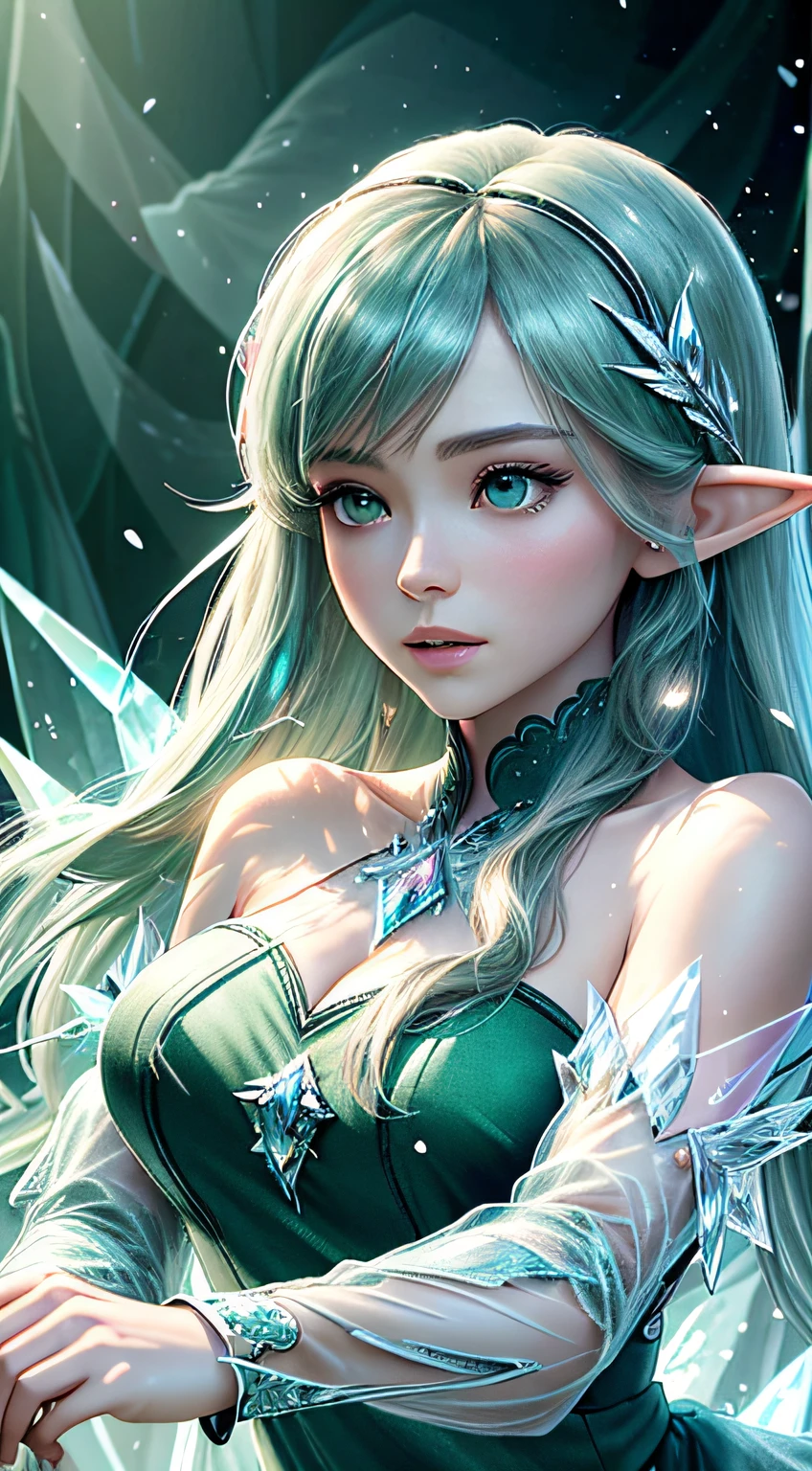 (Masterpiece, Top Quality, Best, Official Art, Beautiful and Aesthetic, Long Exposure: 1.2), Smooth Movement, Charming Patterns, 1 Girl, (Long Dress with Sleeves: 1.3), (((Green Clothes) )), upper body close-up, bare shoulders, Chinese girl, blush, black lob hair, portrait, solo, upper body, looking at the observer, detailed background, detailed face, (crystallineAI, crystalline theme:1.1), elemental wood elf, rotation foliage, control foliage, emerald clothing, dynamic pose, floating particles, ethereal dynamics, foliage, vapor, forest in the background, green tint, forest, ethereal atmosphere,