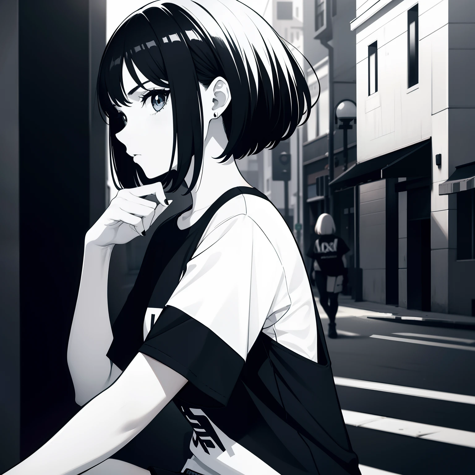 girl, side portrait, black and white,edgy accessories,sporty style, casual t-shirt, confident gaze, mo3nochrome color scheme, looking to the side, chic street fashion,head,Short hair