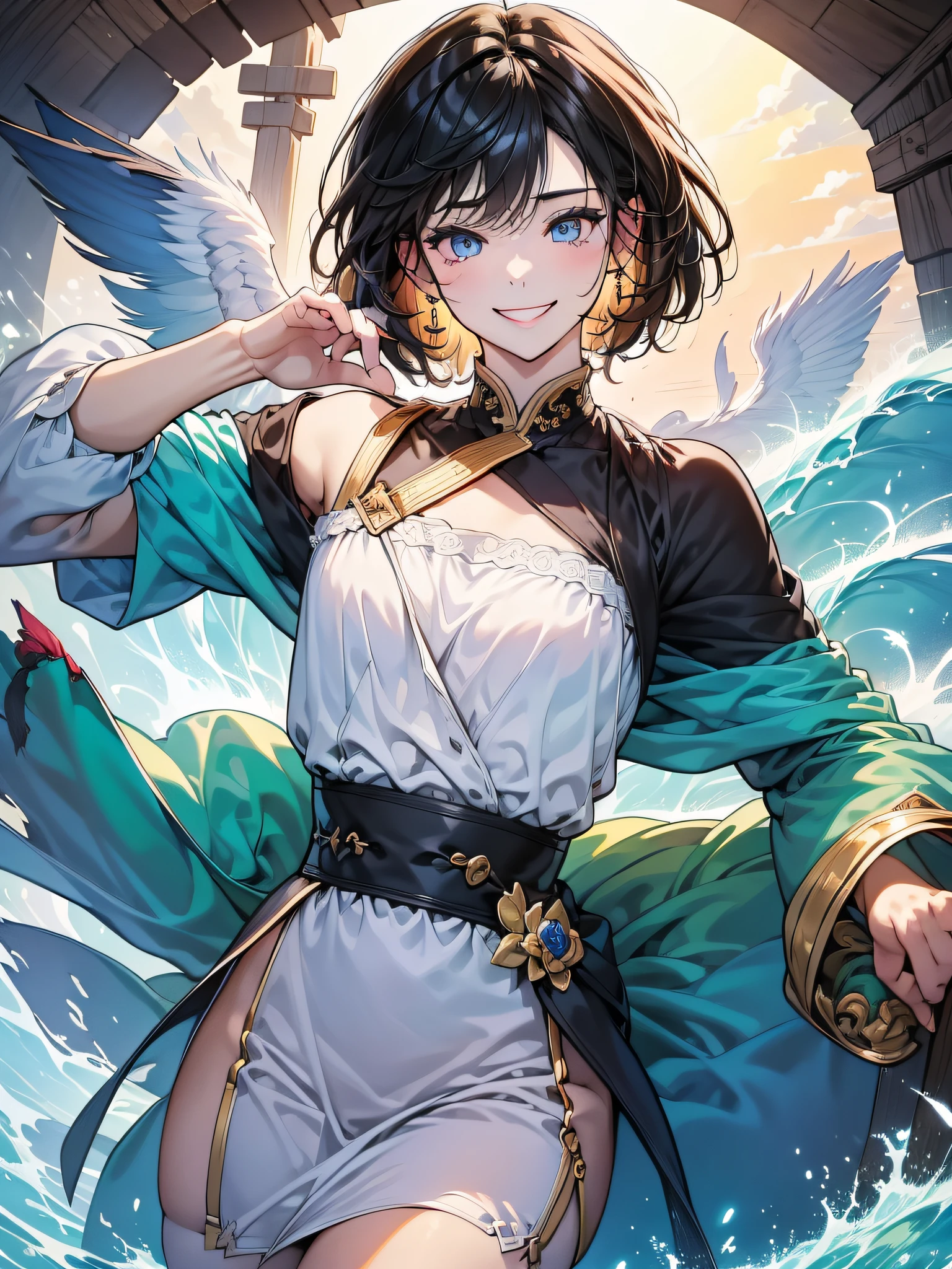 in 8K、top-quality、masterpiece:1.2)、1人の女性、(Smiling smile:1.1)、beautidful eyes、Valley、The upper part of the body、length hair、Like a boy、poneyTail、Yellow view、