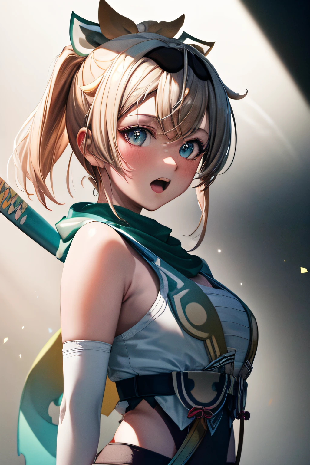upper body, 1girl, (ninja), short sword, large breats, blush, bare shoulders, scarf, wallpaper, light particles, (anime, tone mapped:1.2), bat, white baseball uniform, open mouth, looking at viewer, shirt, baseball ground, upper body, (symmetric), (exceptional, best aesthetic, new, newest, extremely detailed:1.2), best quality, masterpiece