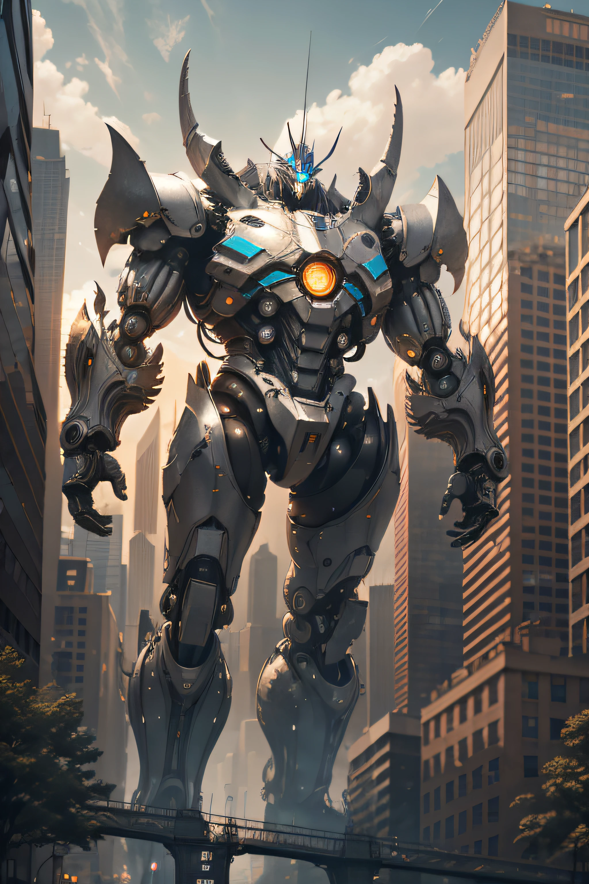 Giant metalic robot in the city, 1 man against him, giant robot, city, apocalypse, 250m robot, slim, humanoid