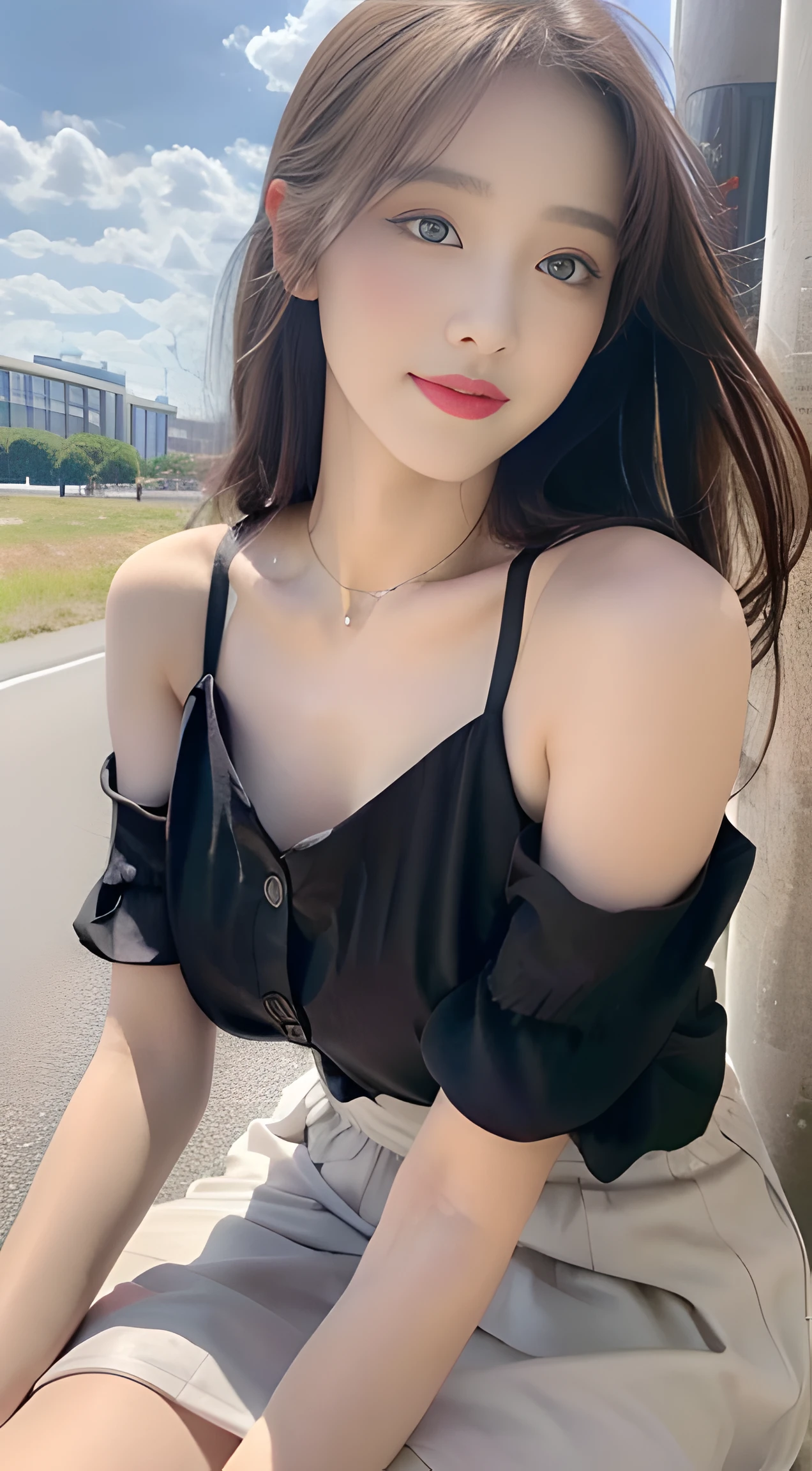 ((best qualtiy, 8k, tmasterpiece:1.3)), A pretty maiden,Pure,Melon seed face,gentle and cute,A sweet smile,Pure desire,Thin stature,(frontage),(Tilt your head),staring right into camera,uniform, obi, formal,Black silky long, straight hair,Long hair flowing over the shoulders,round black big eyes,clear big eyes,Hydrated red lips,sweet,Sit by the road,with blue sky and white clouds,grassy fields,buildings,(Chiffon skirt,Chiffon tops)telephoto shot