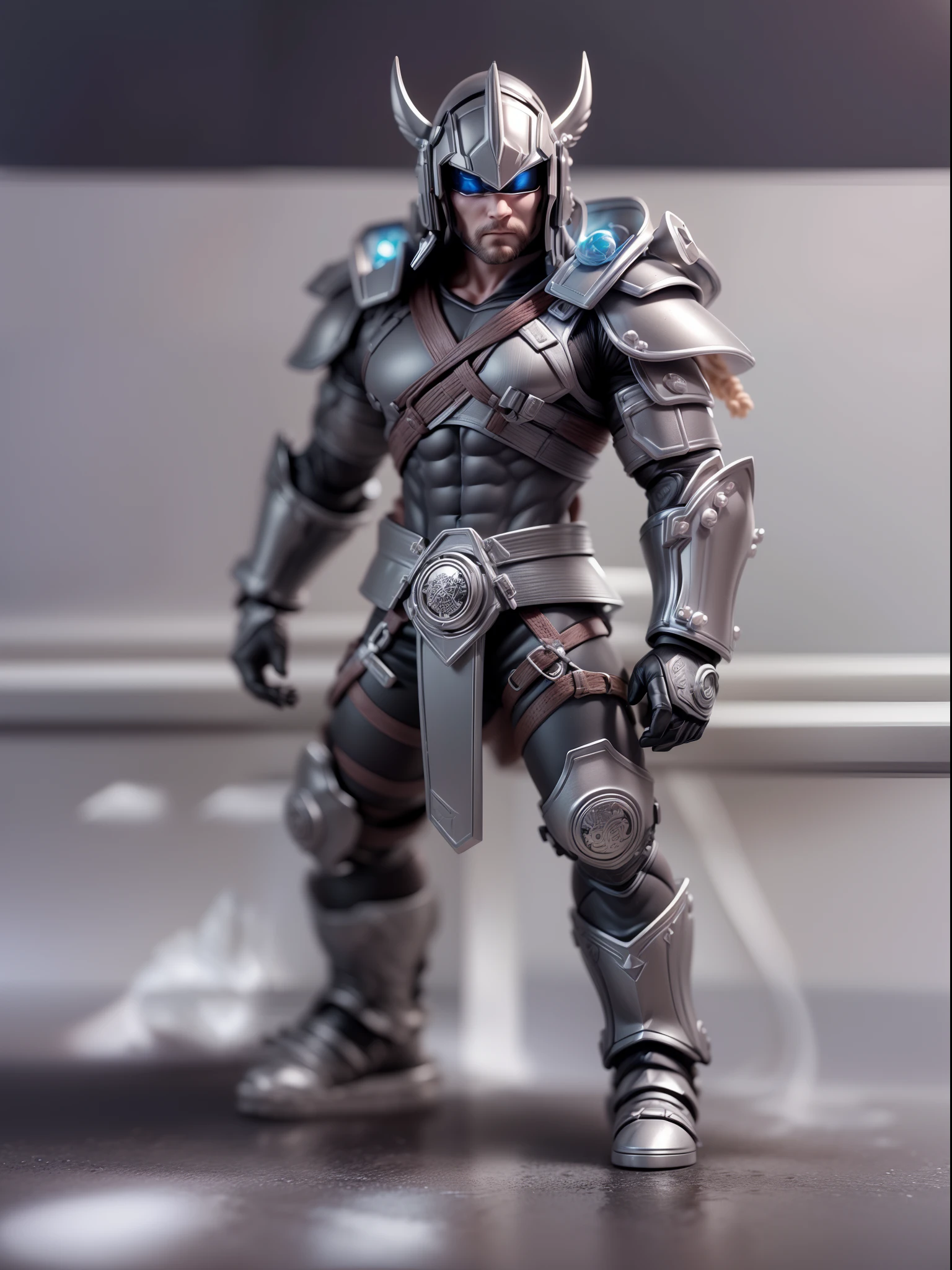 (Blind box toy style:1.2), (Full body shot) , (1 male barbarian)(((solo))) plastic armor，plastic opaque helmet，cyberpunk style, dreamy glow, Clean background,black and silver style，(circular base） ( Global illumination, Ray traching, hdr, unreal render,reasonable design, high detal, Masterpiece, Best quality, hyper HD, Cinematic lighting)