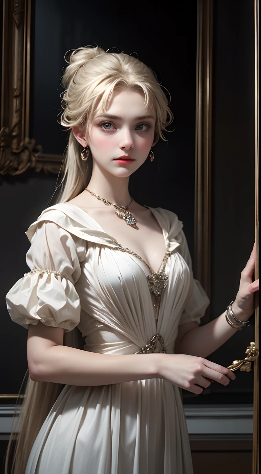 An aristocratic young woman from a fictional European medieval aristocracy is looking at us with seductive eyes, Wears a simple, Very low fabric dress，Plain. Her small, Well-proportioned breasts tilted forward，The tip is almost invisible. His face and body were worn out by numerous piercings. Wore a lot of silver jewelry. This piece has a very realistic oil painting style tone，It is characterized by artistic expression，It seems to be a fusion of pop art and avant-garde art.