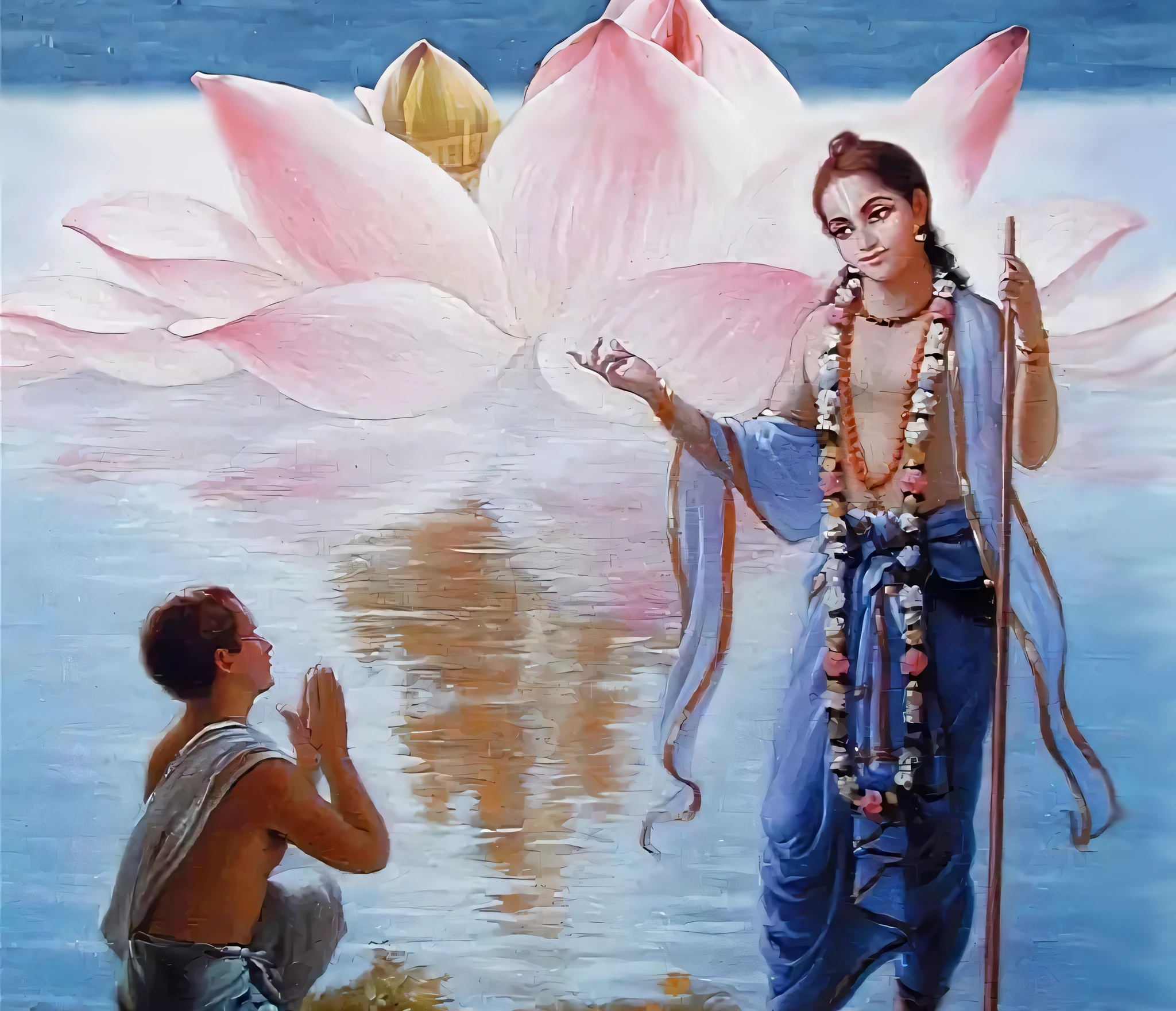 painting of a man, kneeling next to a woman with a lotus flower, standing gracefully upon a lotus, beautiful image, Ram Chandra Shukla, Hindu art, From the Ramayana, very beautiful photo, Hindu god, Raja Ravi Varma, Standing on the lotus, Vishnu, beautiful image, Ever Created, Author: T. K. Padmini