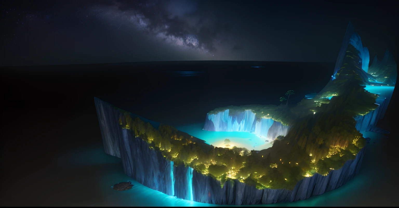 Blue ocean,the night,There are forest plants on the island,There are paths in the forest,There are stars in the night sky,Aerial view of the water body, an exquisite 3 d map, The island is densely forested, tmasterpiece,Best quality at best,high qulity,The is very detailed, CG unified 8k wallpaper,award winning photography,Bokeh,depth of fields,hdr,blooms,color difference、真实感、The is very detailed、Trends on ArtStation、Trends on CGSociety、iintricate、high detal、dramatics、Midjourney Art、Volumetriclighting