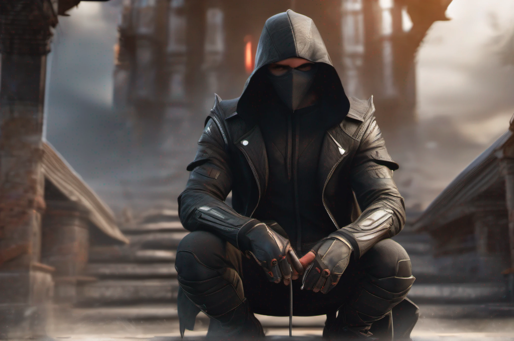 Cinematic, free space above head, Stunning full body imagery of Assassin inspired Dare-Devil (assassin hood on his head ), 16K resolution, looking in the camera, Unreal engine-5 rendering quality, octane render, UHD, HDR, highly detailed artwork, 3D render, DSLR picture quality,