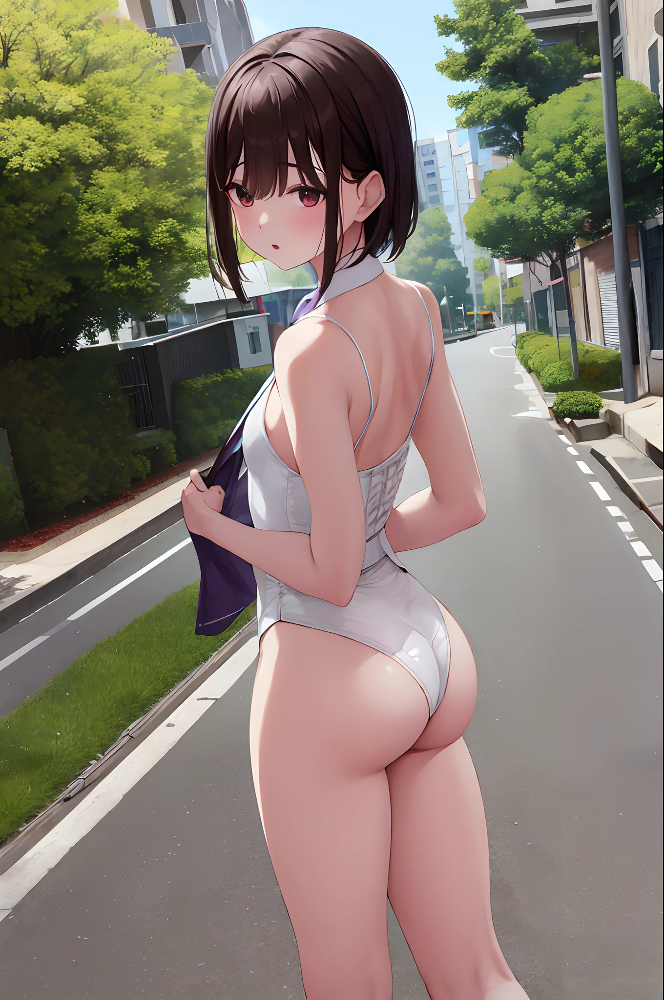 masterpiece, top-quality, Hi-Res, Silence, 独奏, white glove, neck tie, White shorts, Short tie, corsets, Purple tie, ligh brown hair, shortpants, Sleeveless, bangss, from the rear, s ass, is standing, a street, plein air, Surprised,