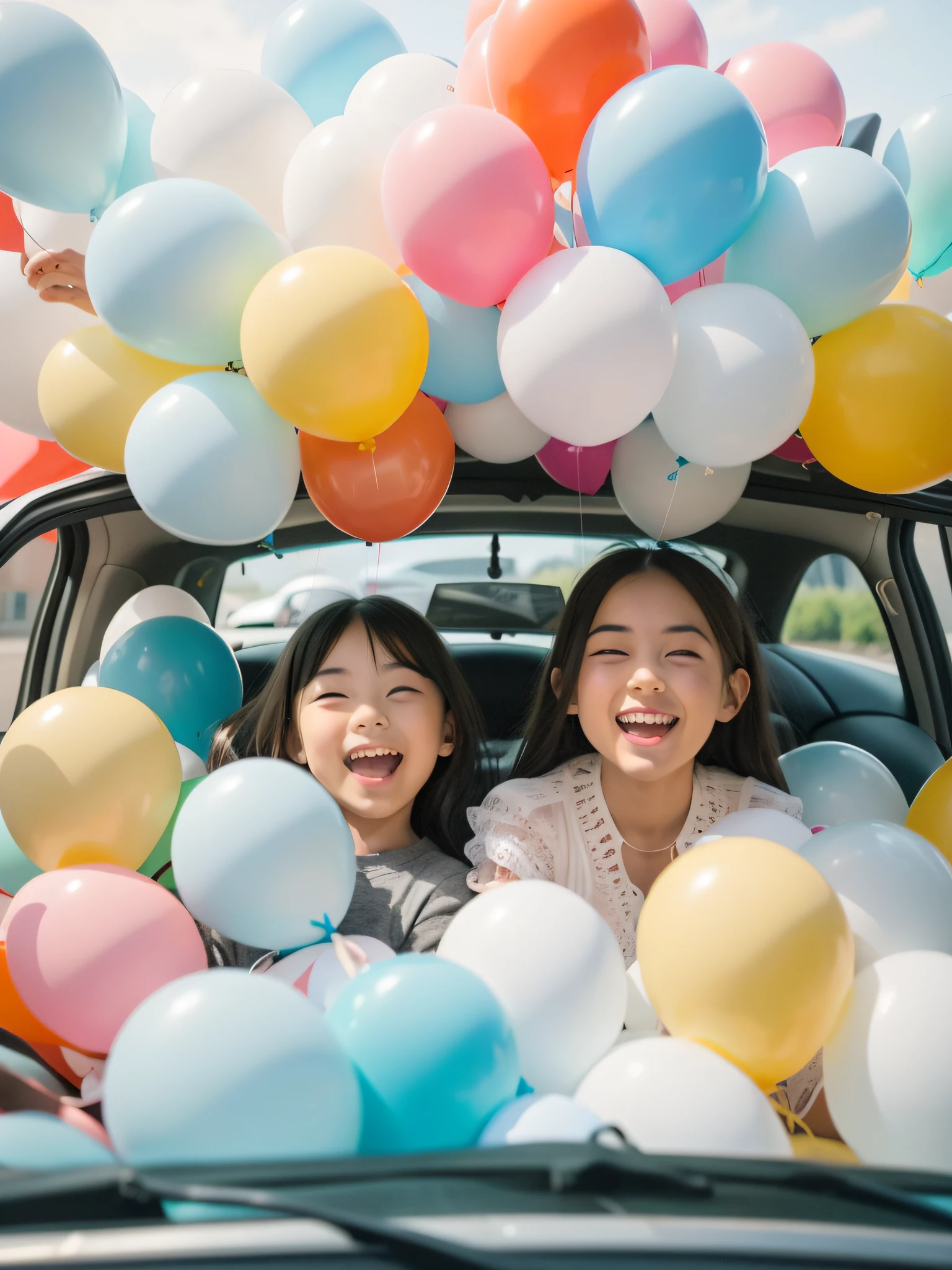 Two girls sitting in a car with balloons on the roof, party balloons, kid, shutter inventory, unsplash contest winning photo, cheerfulness, gen z, excited, balloons, Happy girl, happy birthay, baloons, pexels contest winner, Happy friends, Happy kids, lighthearted celebration, unsplash contest winner, Very excited, shutterstock contest winner