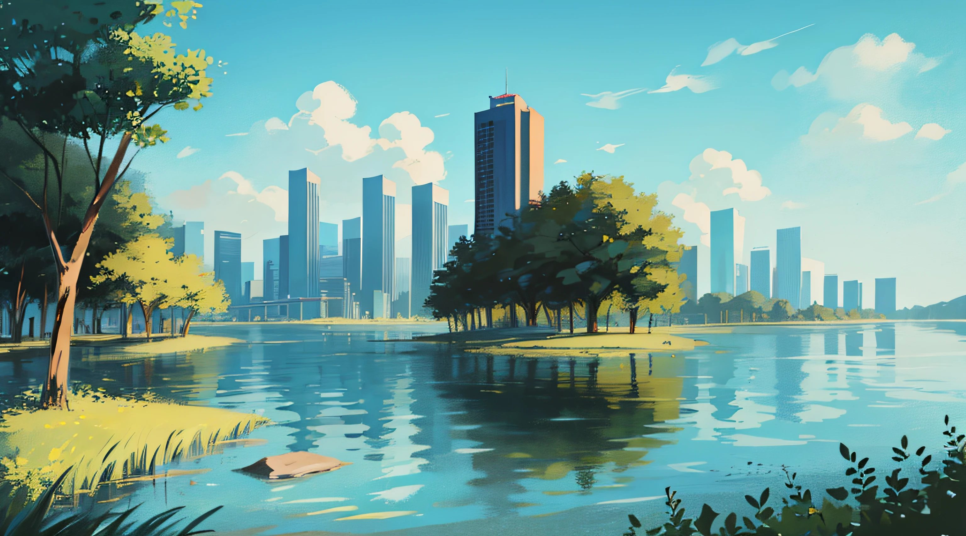 lakeside,the woods,steins,A plant,blue-sky,baiyun,High-rise building in the distance