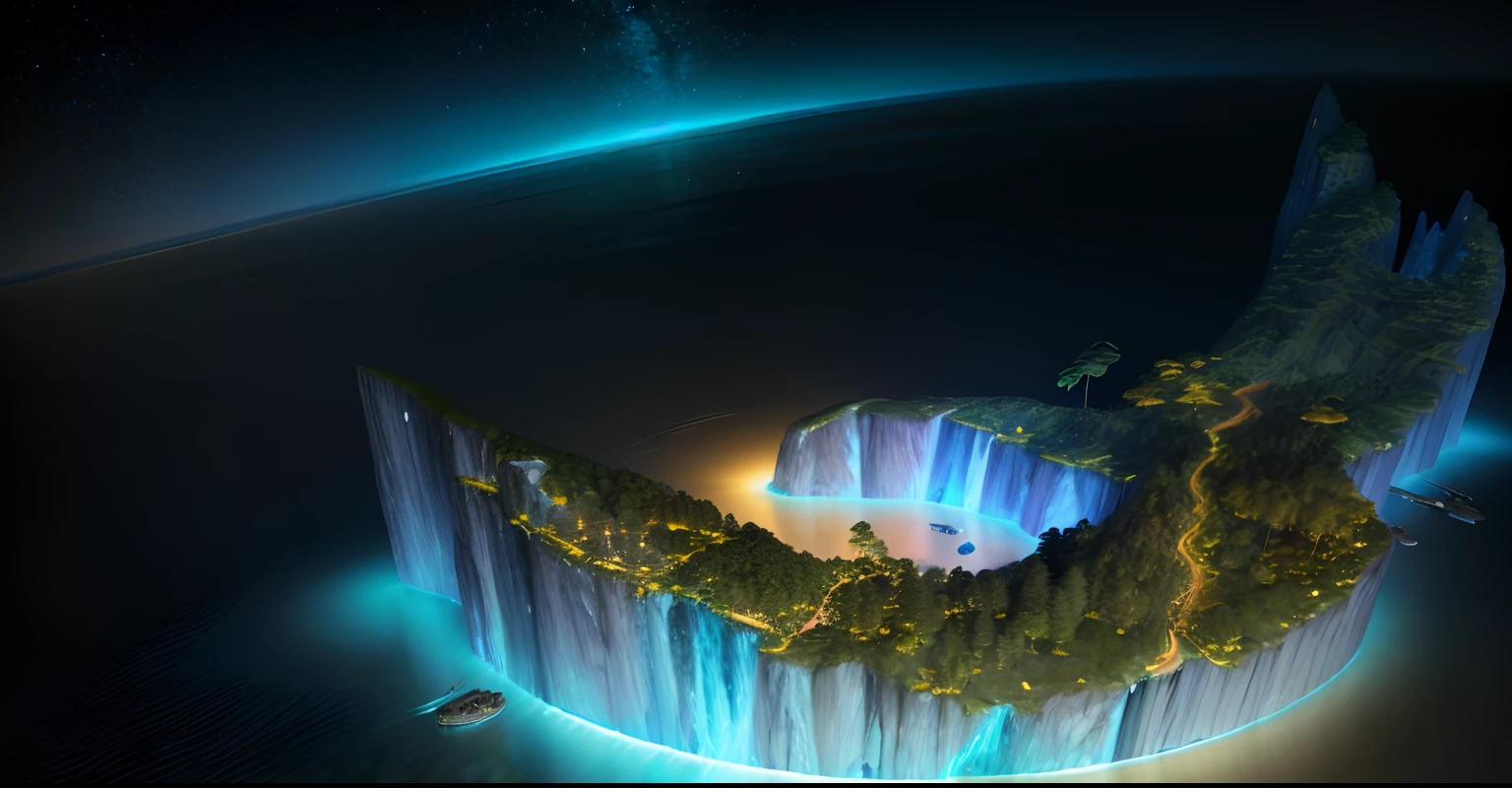 Blue ocean,the night,There are forest plants on the island,There are paths in the forest,There are stars in the night sky,Aerial view of the water body, an exquisite 3 d map, The island is densely forested, tmasterpiece,Best quality at best,high qulity,The is very detailed, CG unified 8k wallpaper,award winning photography,Bokeh,depth of fields,hdr,blooms,color difference、真实感、The is very detailed、Trends on ArtStation、Trends on CGSociety、iintricate、high detal、dramatics、Midjourney Art、Volumetriclighting