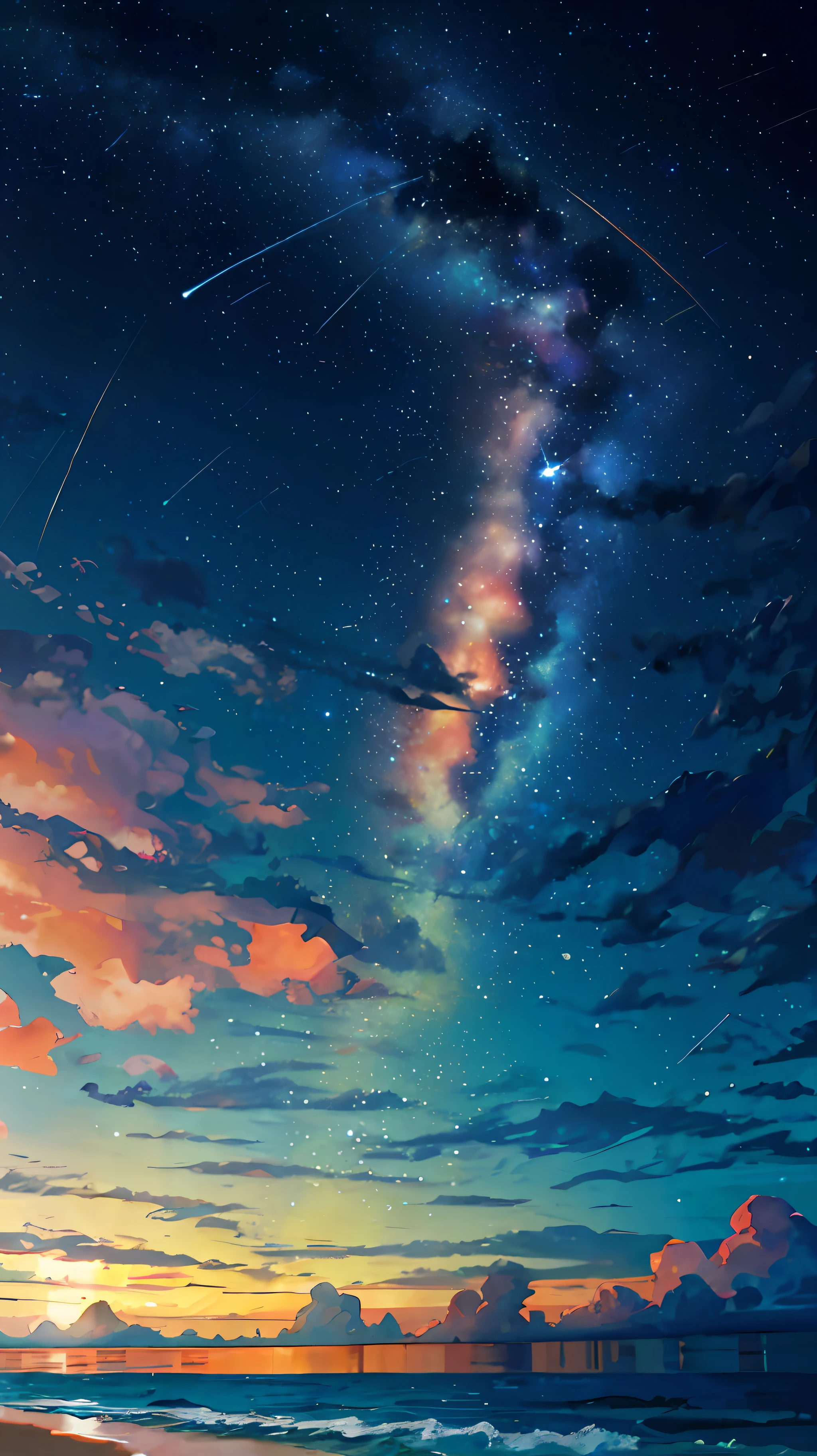 (zoom:1.1), (meteor shower:1.2), (comet:1.1), low angle, arora borealis, shooting star, top quality, masterpiece, clouds, colorful, southeast Asian beach, summer, seascape, small islands
