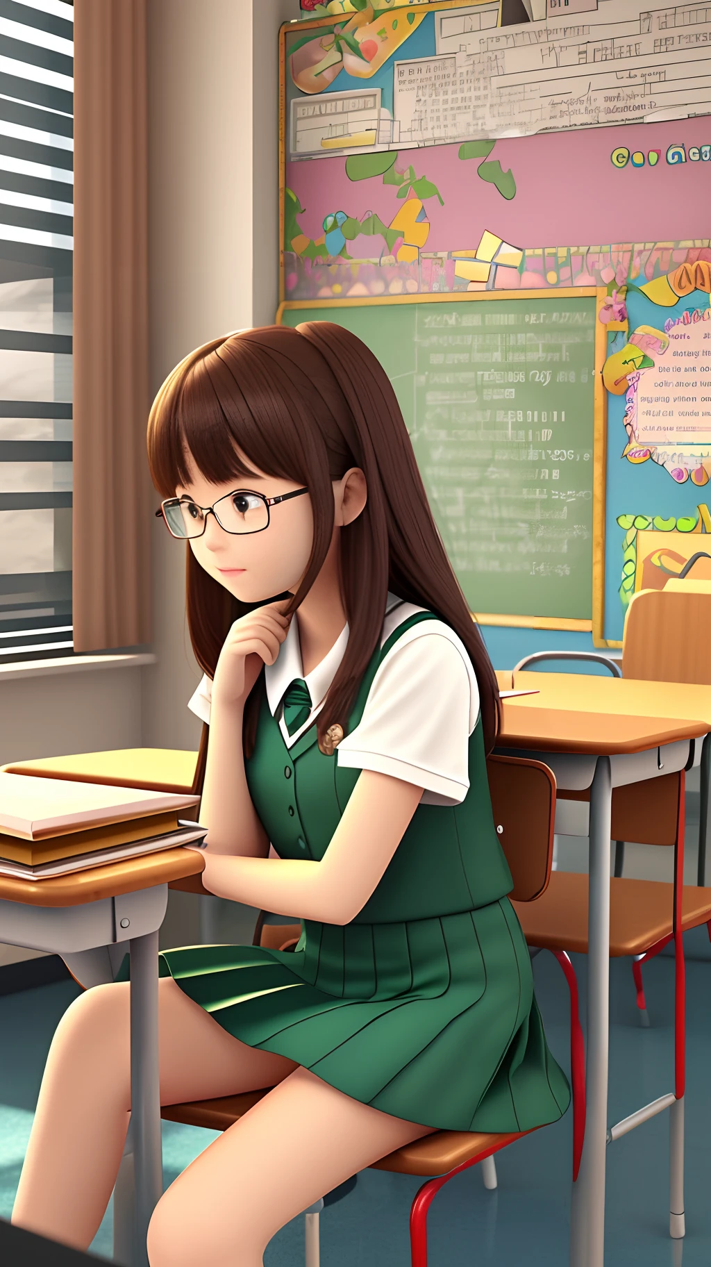 a girl thinking lonely in classroom and seat in the school bench, her is 14 d she weared school dress. 3d cartoon shape --auto --s2