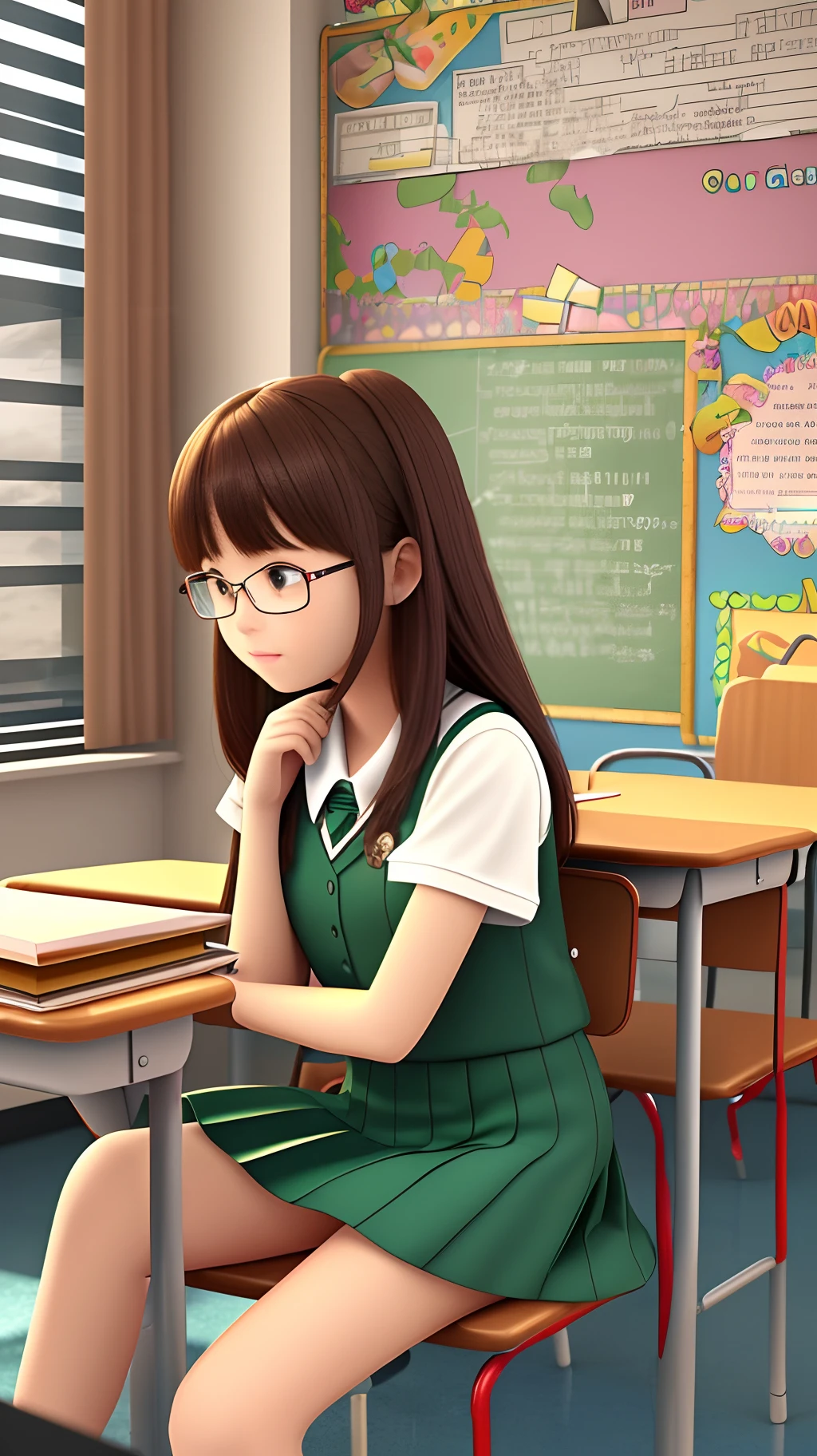 a girl thinking lonely in classroom and seat in the school bench, her is 14 d she weared school dress. 3d cartoon shape --auto --s2