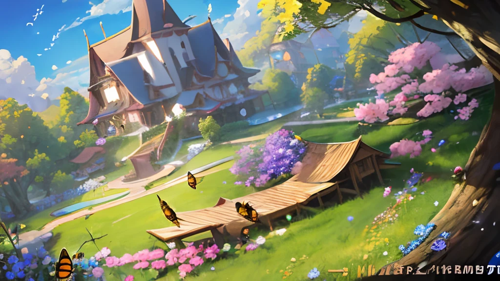 (Best quality), (masterpiece:1.3), (photorealistic:1.36), (realistic), ultra-detailed,, detailed background, Ladybugs on flowers, bees busily flitting about, birds raising their young in nests in the trees, will my darling remember me? I want to sleep on its chest. Landscape center, bird's eye view, thatched cottage, nose, tree, bird's nest