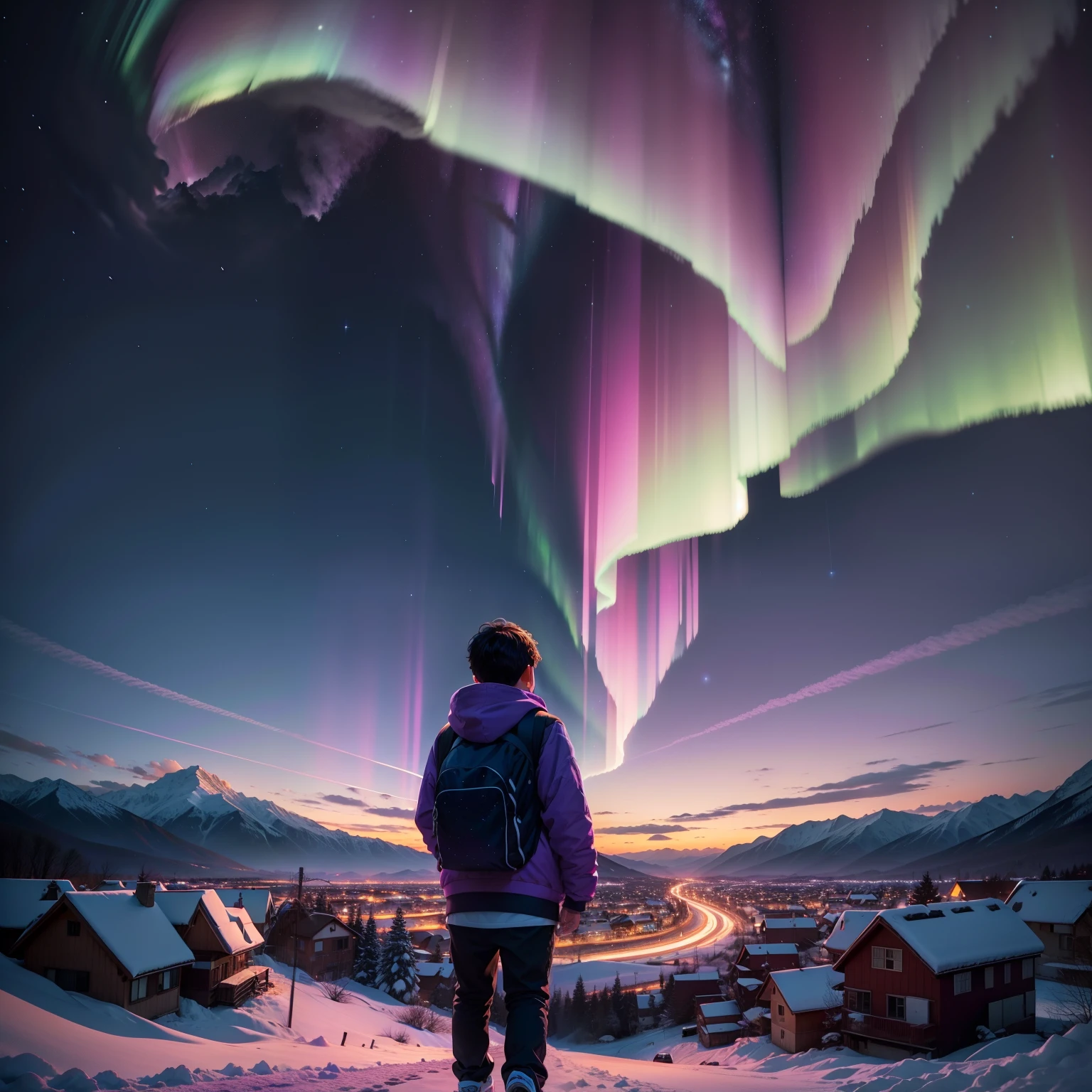 Purple aurora above white snow-capped mountains, Boy in sweatshirt shorts sneakers,A very big cat, trains, People, casa, villages, shelves, snow mountains, rivers, Blizzarding, World fireworks, Starry sky, Colorful stars twinkle, illusory engine,
4K HD 8K - with 9:16 --9 5